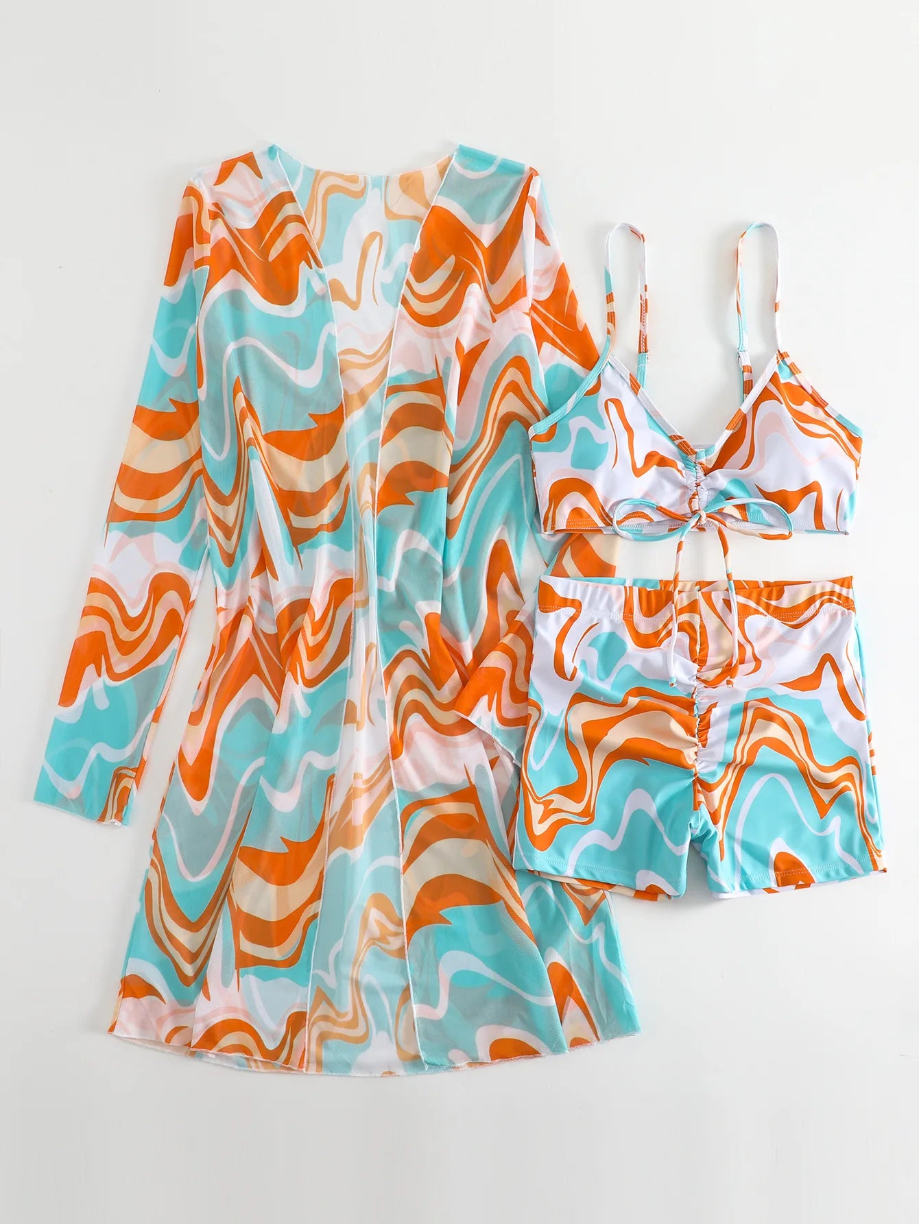 Bikini Set With Shorts And Printed Psychedelic Cover-Up