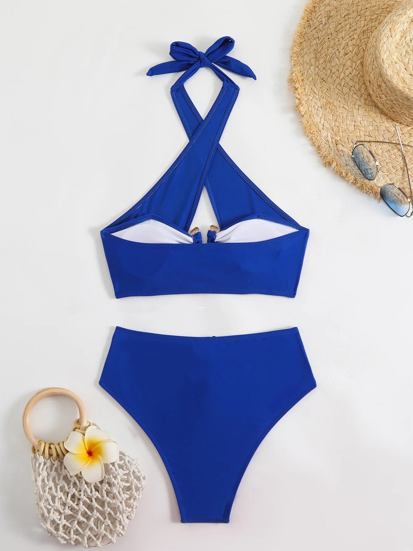 High-Waisted Bikini With Rings And Crossed Neckline