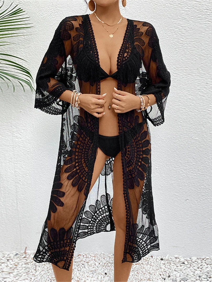 Long Lace Cover-Up With Elegant Sheer Panels