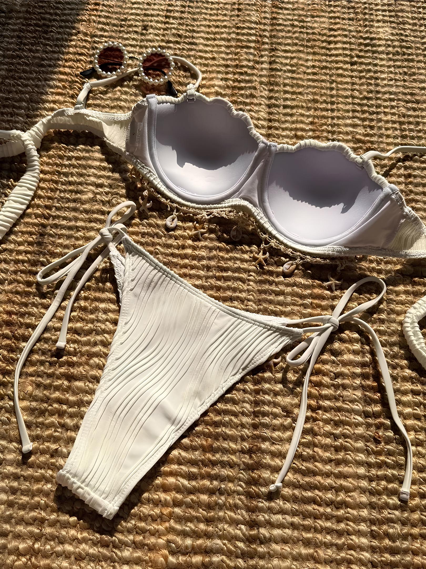 Textured Bikini With Padding And Fringe Details