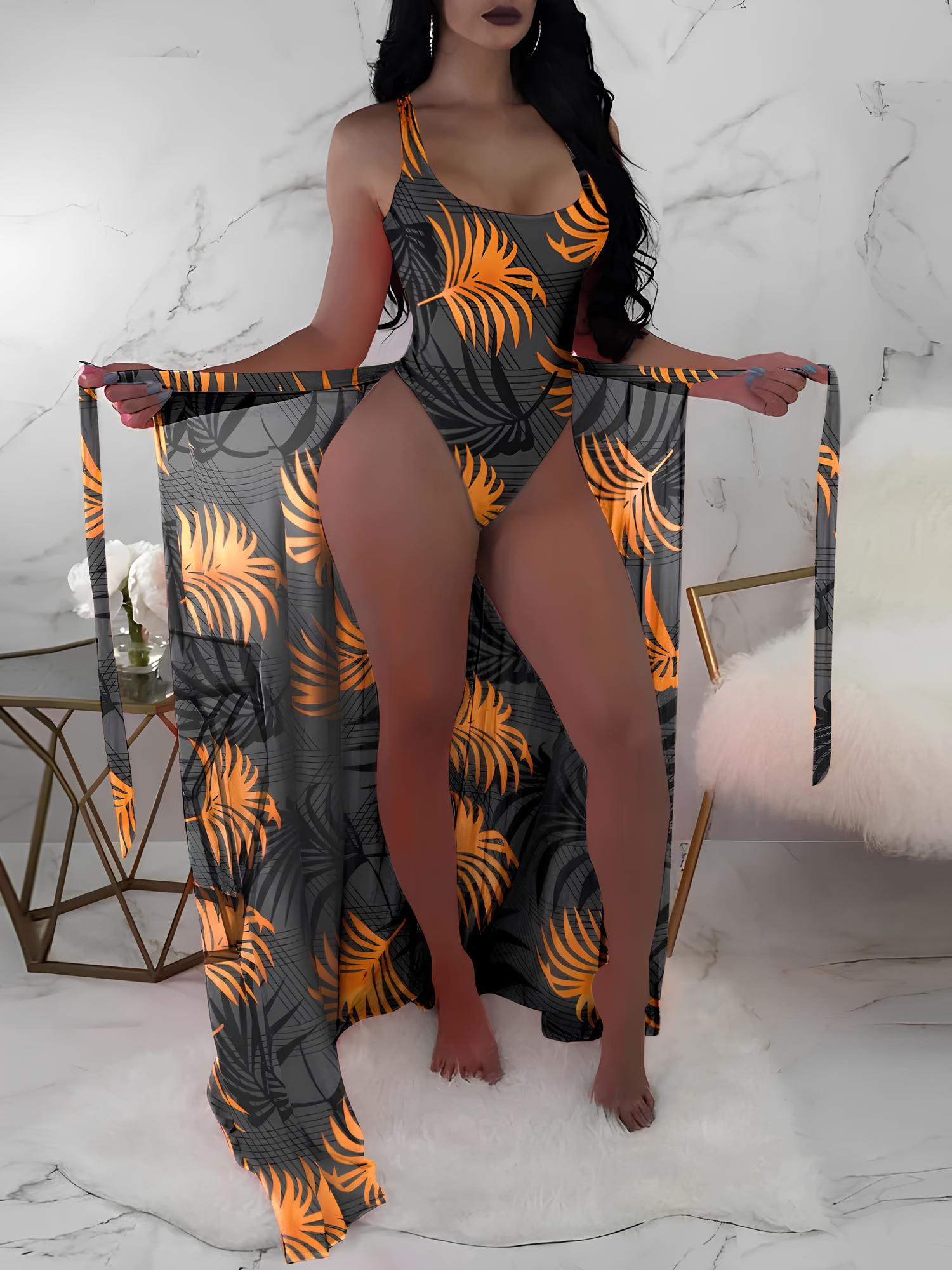 High-Cut Swimsuit Set With Long Printed Animal Print Cover-Up