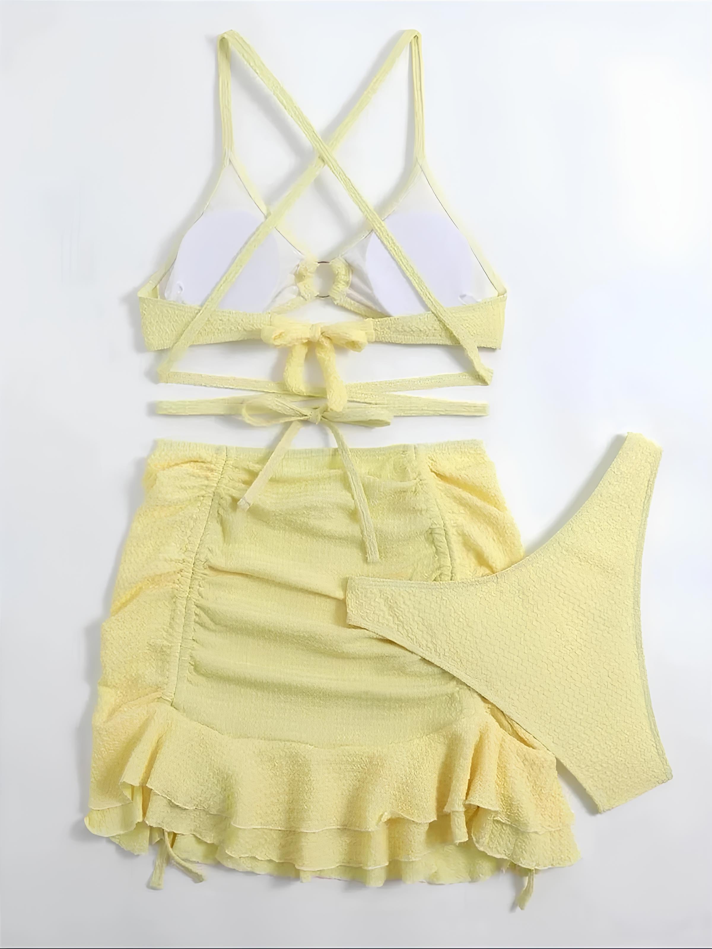 Textured Bikini Set With Ruffled Skirt And Tie