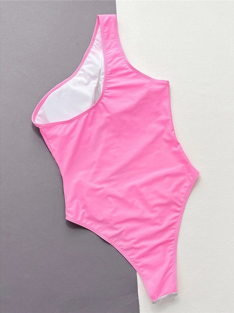 Asymmetrical Swimsuit With Tulle And Shiny Details