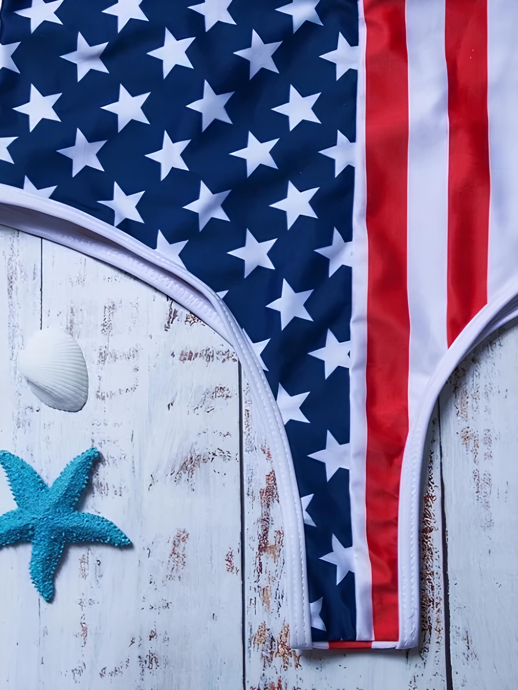 High-Cut Printed Swimsuit With Deep V-Neckline And Tie