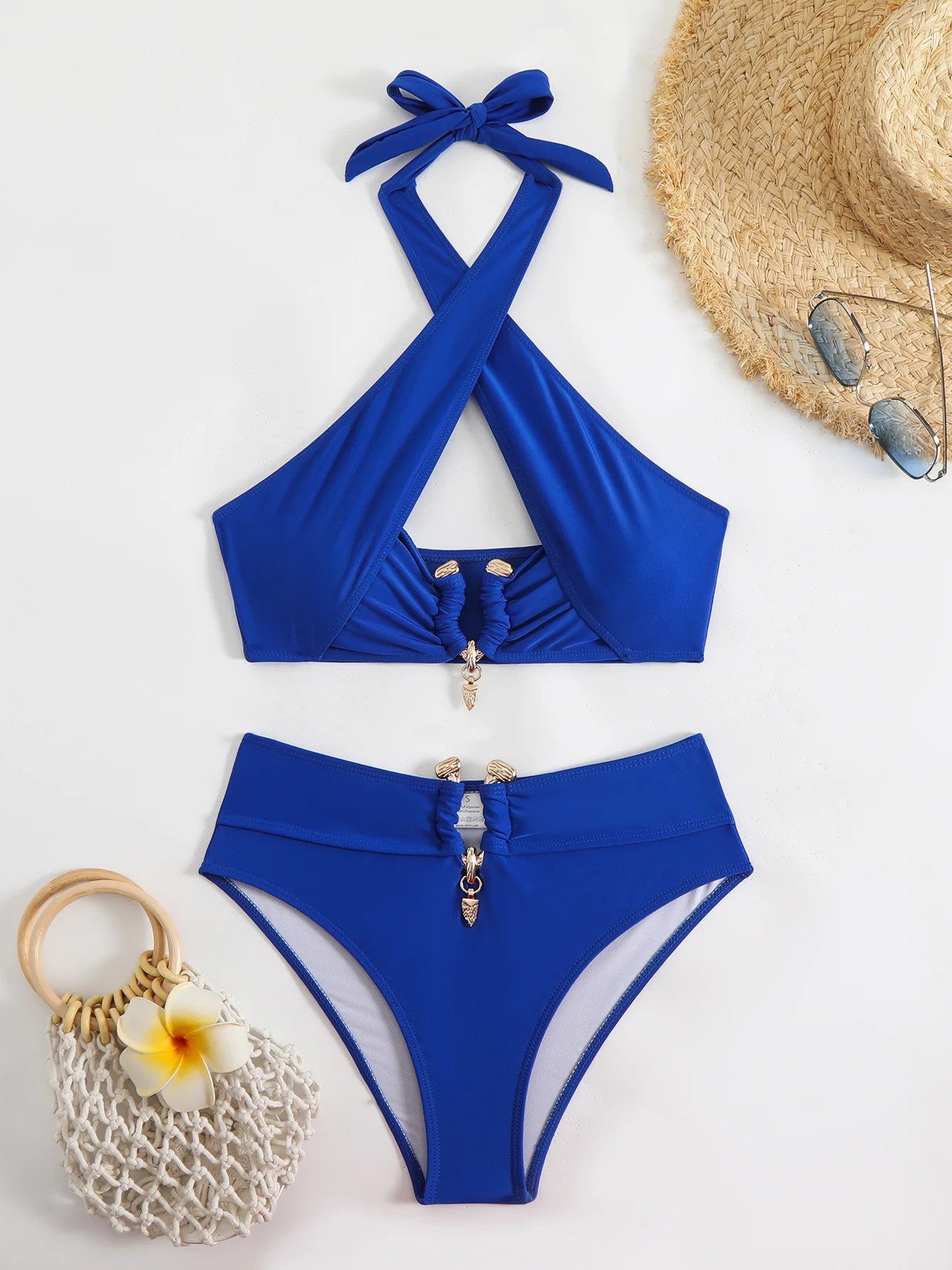 High-Waisted Bikini With Rings And Crossed Neckline