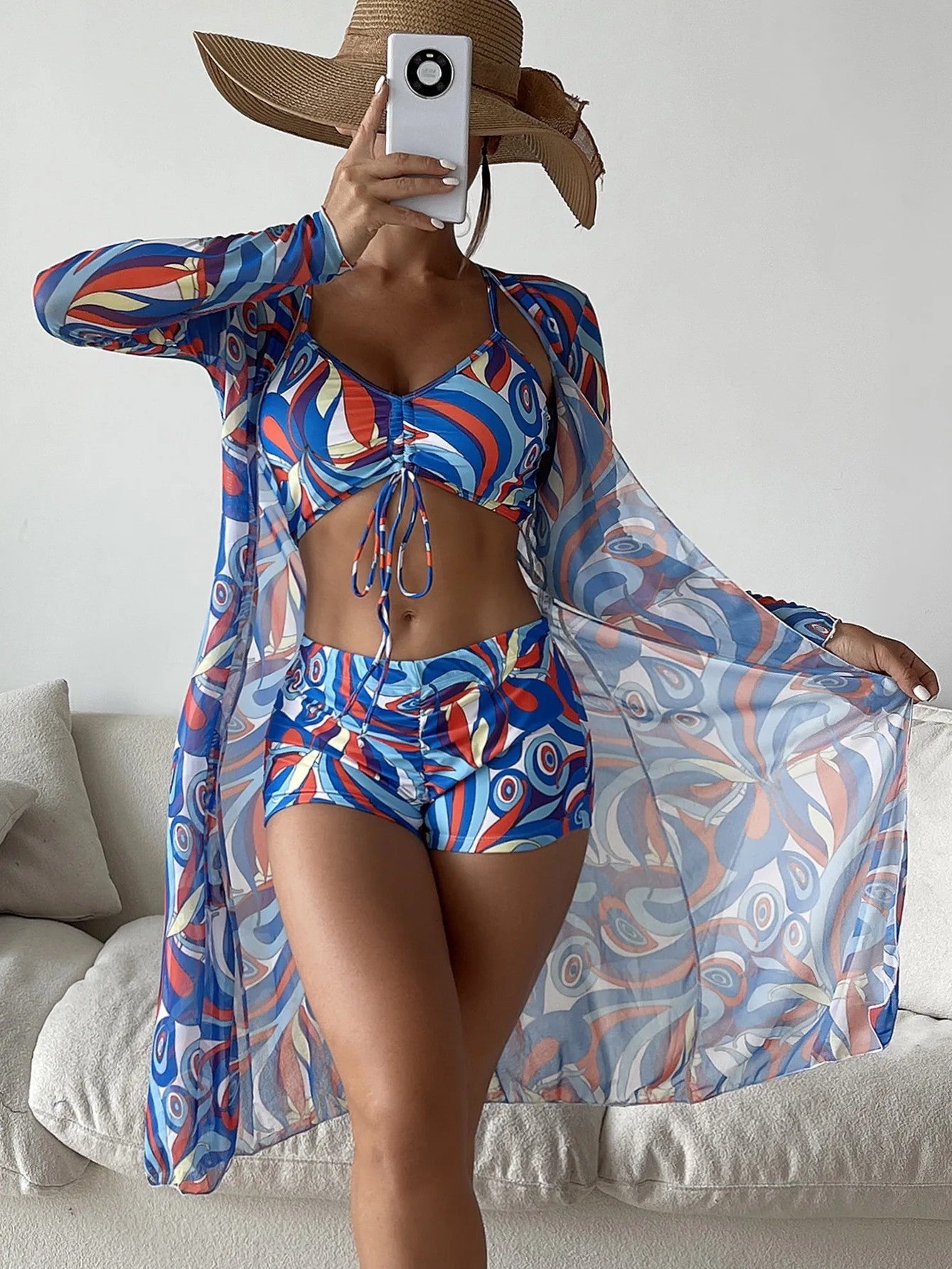 Bikini Set With Shorts And Tropical Print Cover-Up