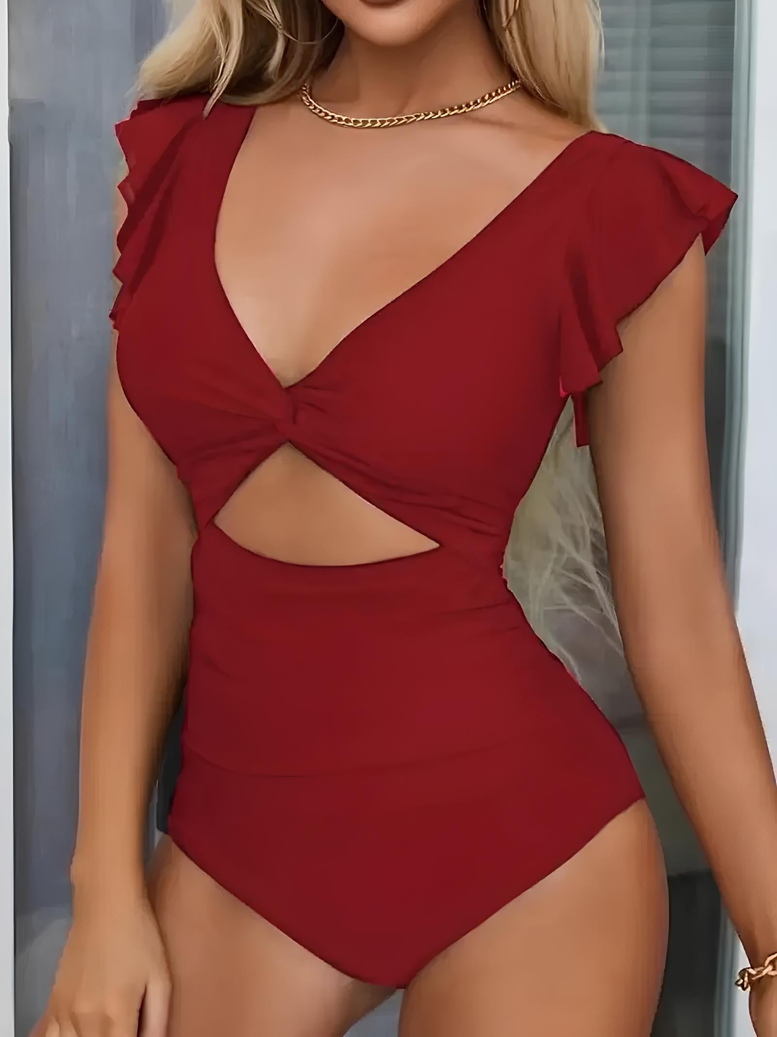 Swimsuit With Ruffles, Front Cutout, And Twisted Neckline