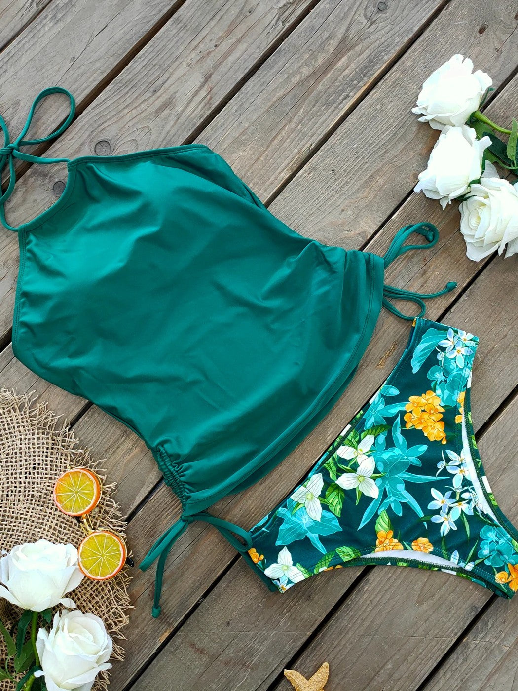 Printed Tankini With Halter Strap And Side Tie