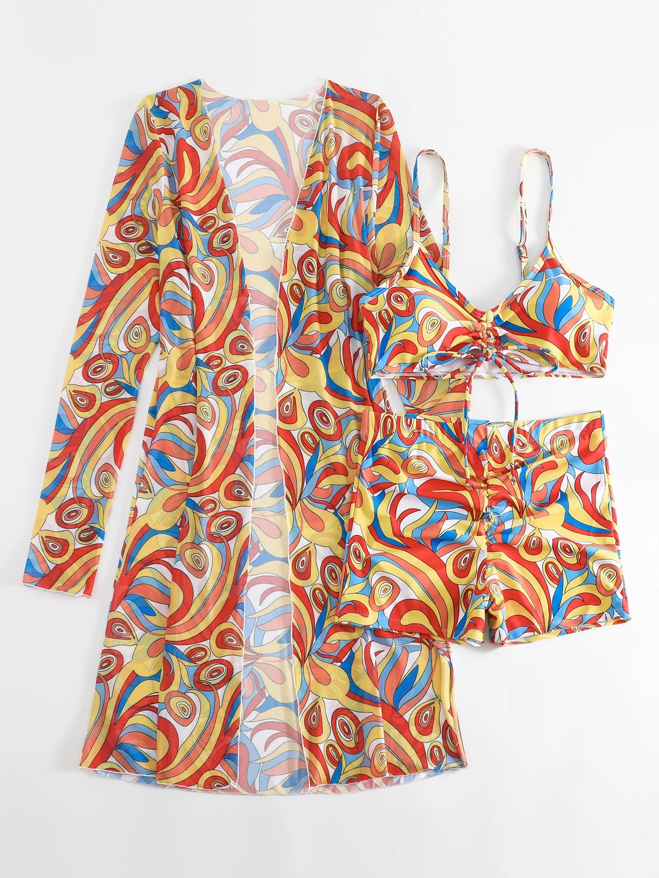 Bikini Set With Shorts And Printed Psychedelic Cover-Up