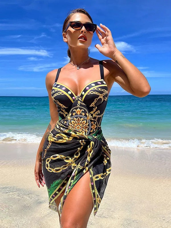Structured Swimsuit And Printed Luxury Cover-Up Set