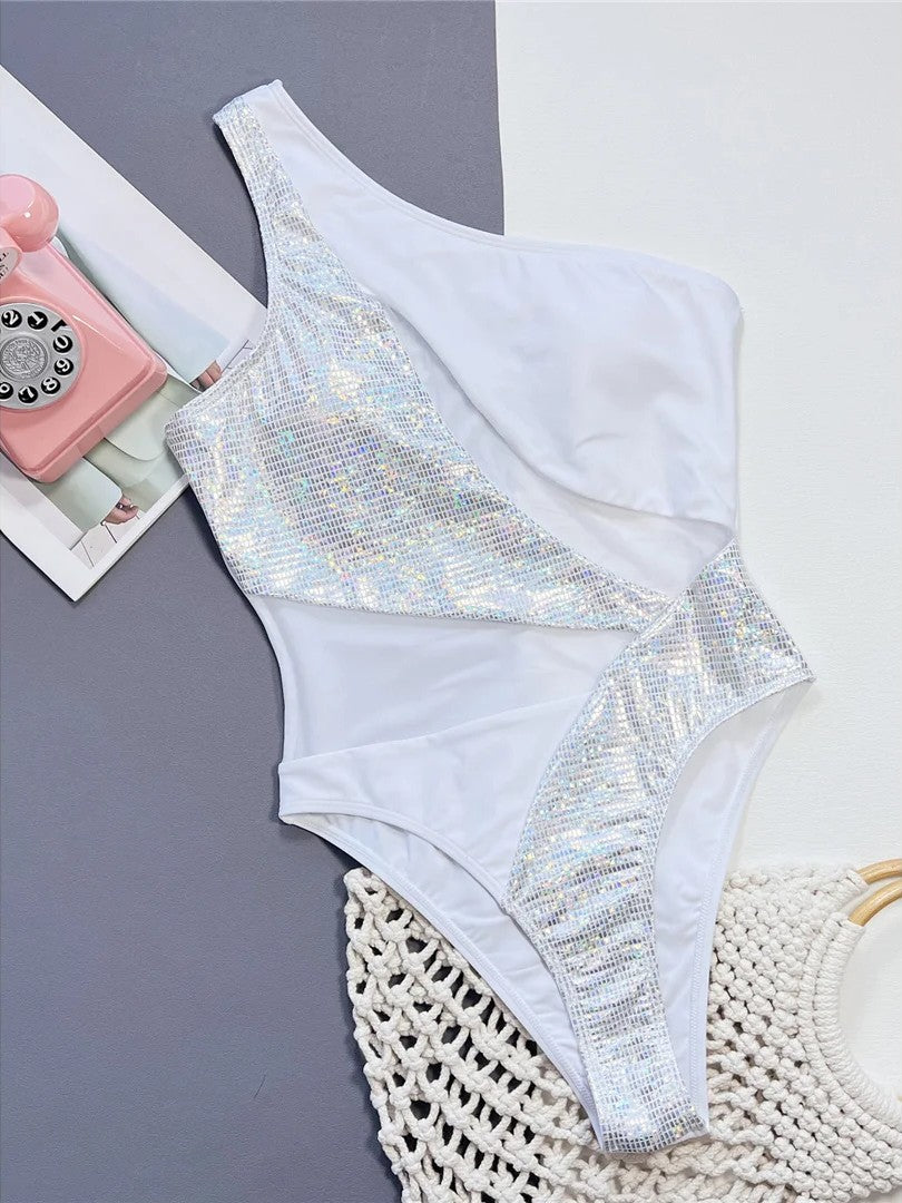 Asymmetrical Swimsuit With Tulle And Shiny Details