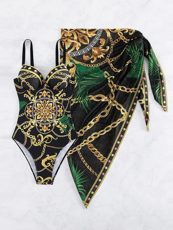 Structured Swimsuit And Printed Luxury Cover-Up Set