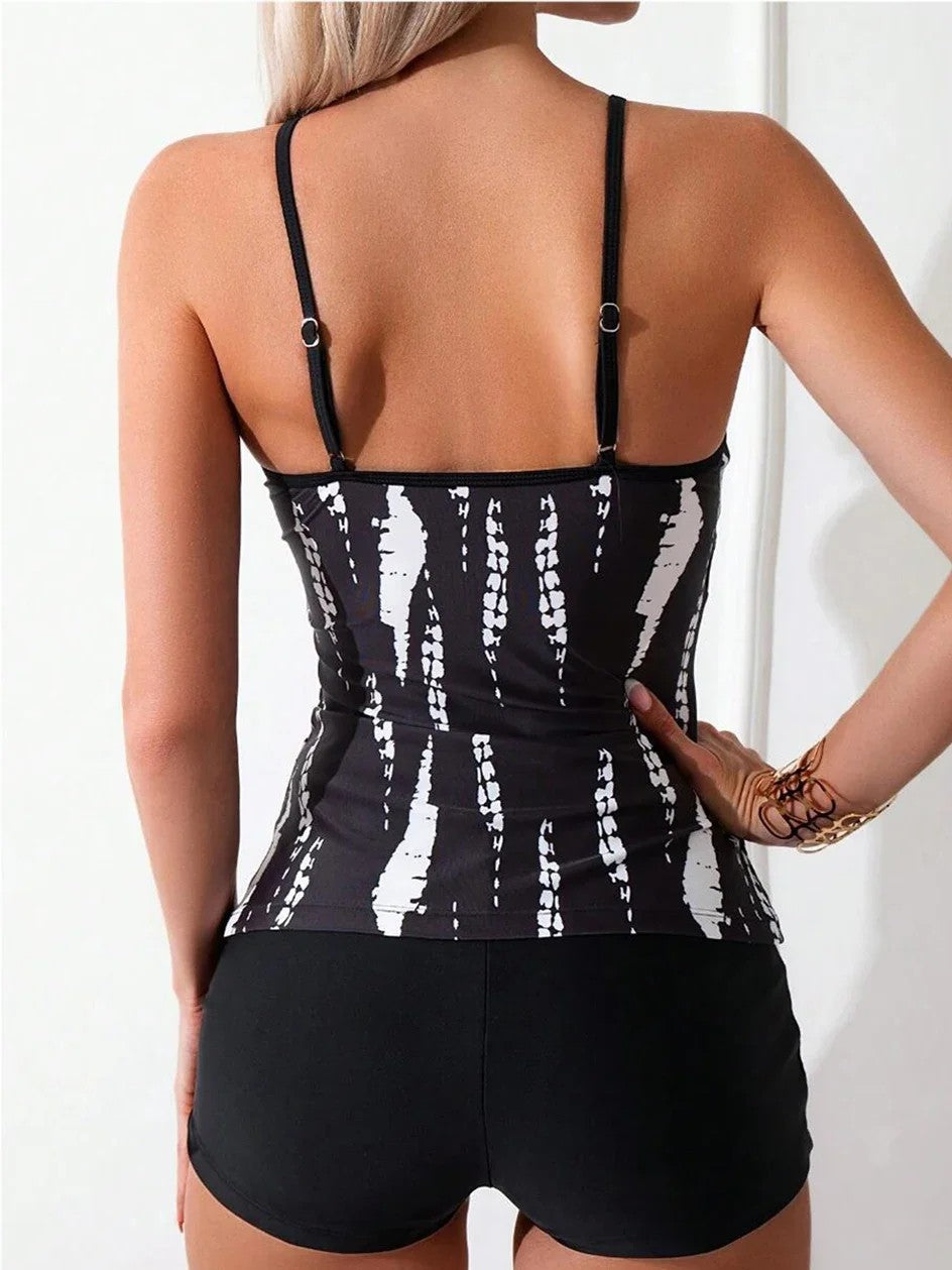 Printed Tankini With Thin Straps And Integrated Shorts