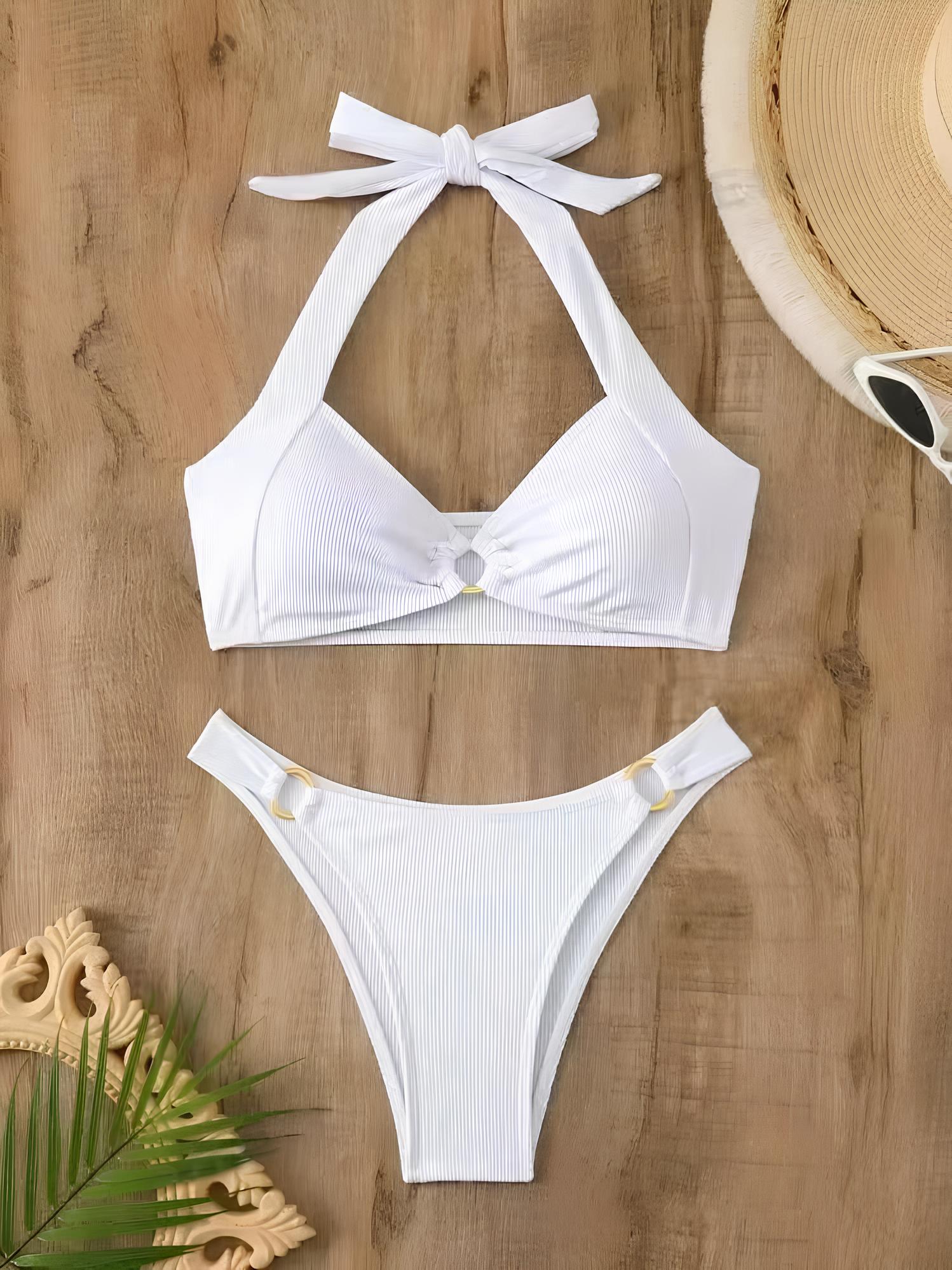 Textured Bikini With Rings And Halter Neckline