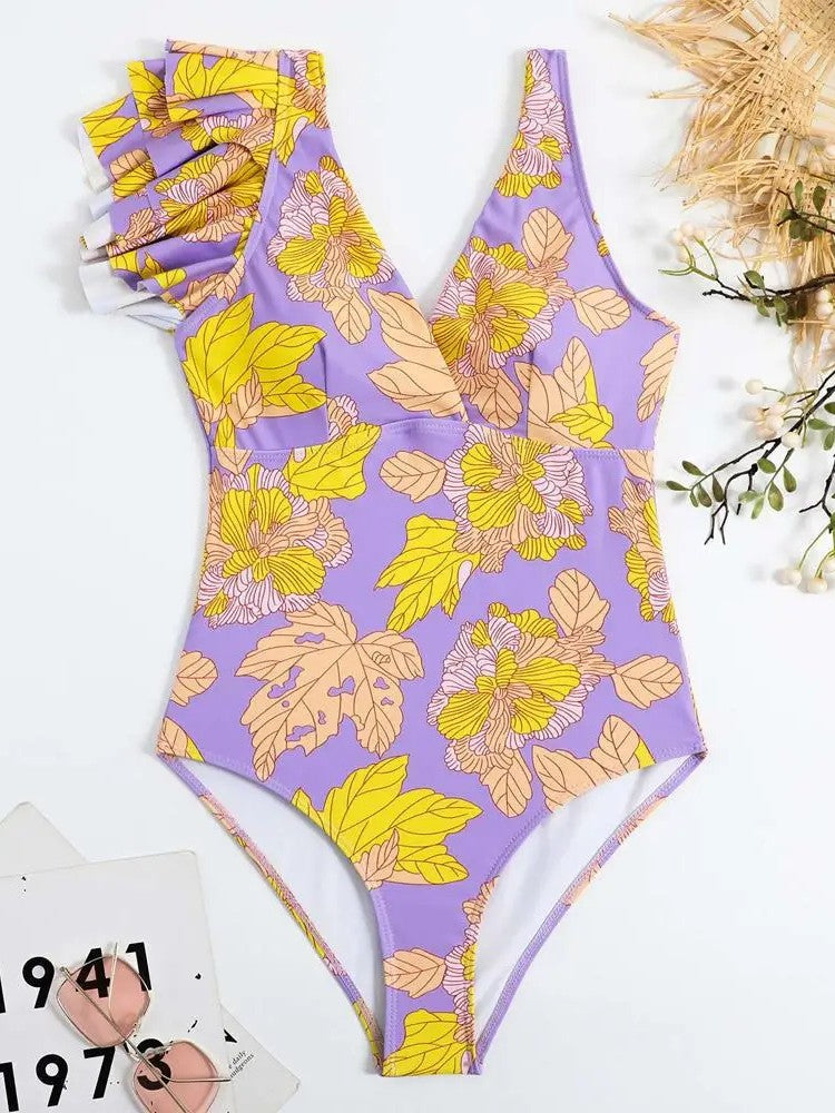 Floral Swimsuit And Asymmetrical Cover-Up With Slit Set