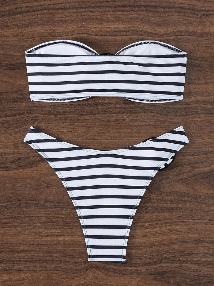 Striped Strapless Bikini With Appliqué Flowers