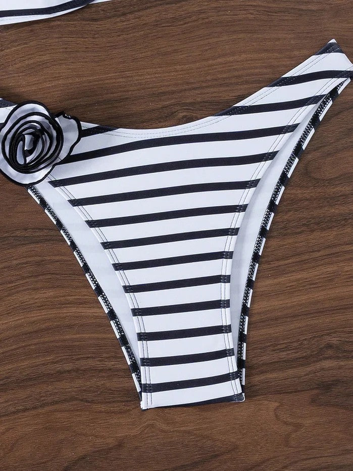 Striped Strapless Bikini With Appliqué Flowers