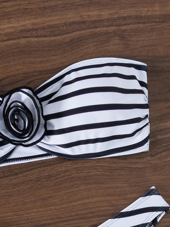Striped Strapless Bikini With Appliqué Flowers