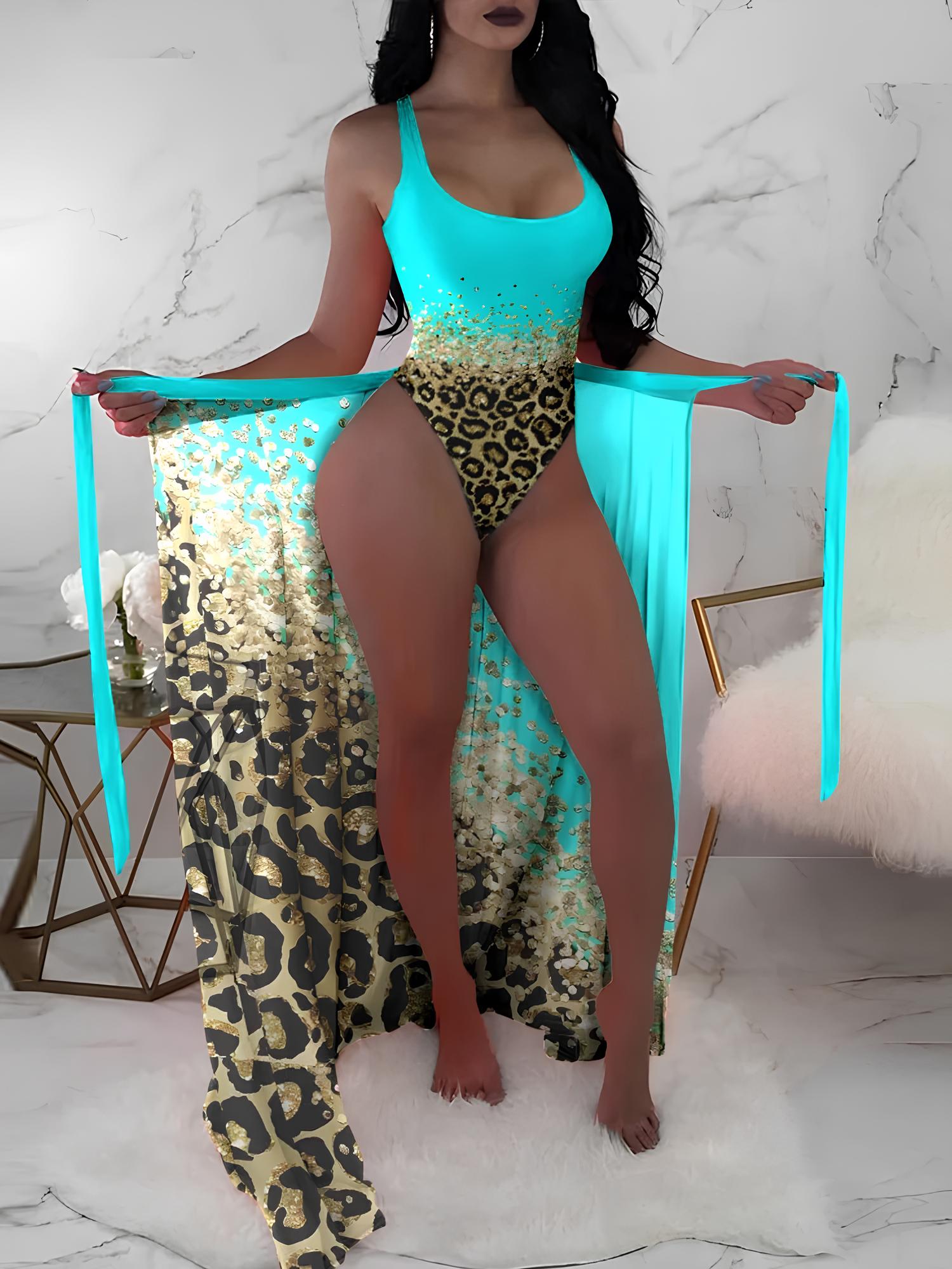 High-Cut Swimsuit Set With Long Printed Animal Print Cover-Up