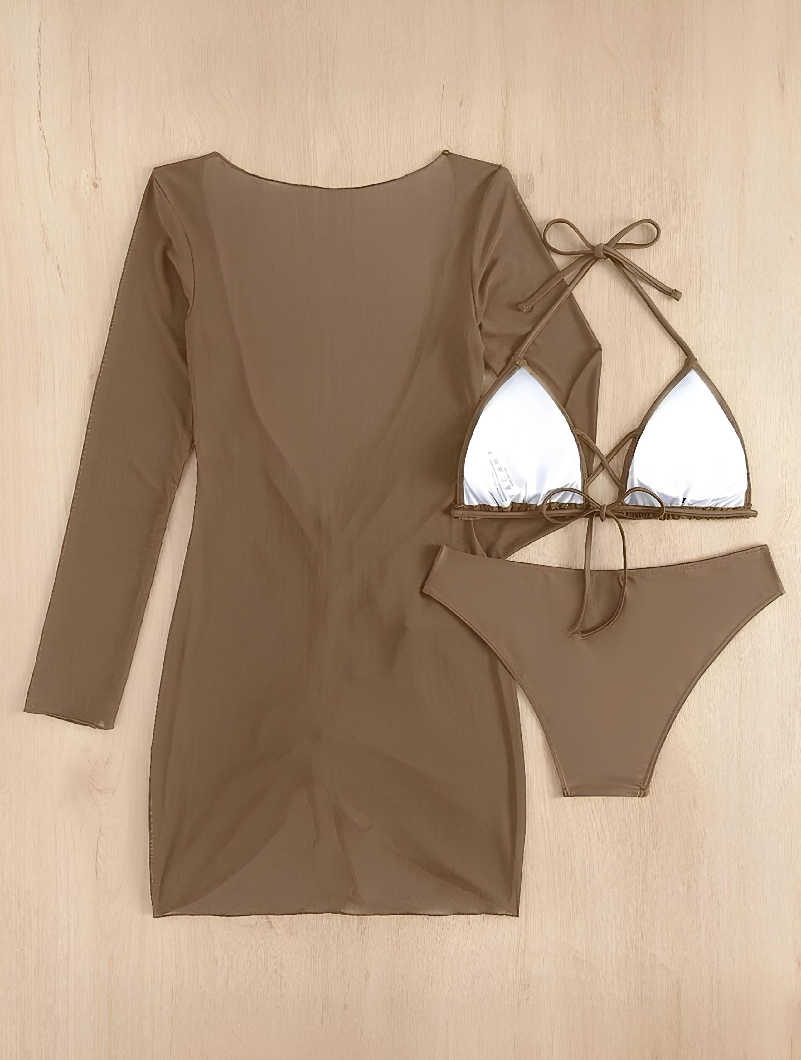 Bikini And Long-Sleeve Cover-Up Set With Draping