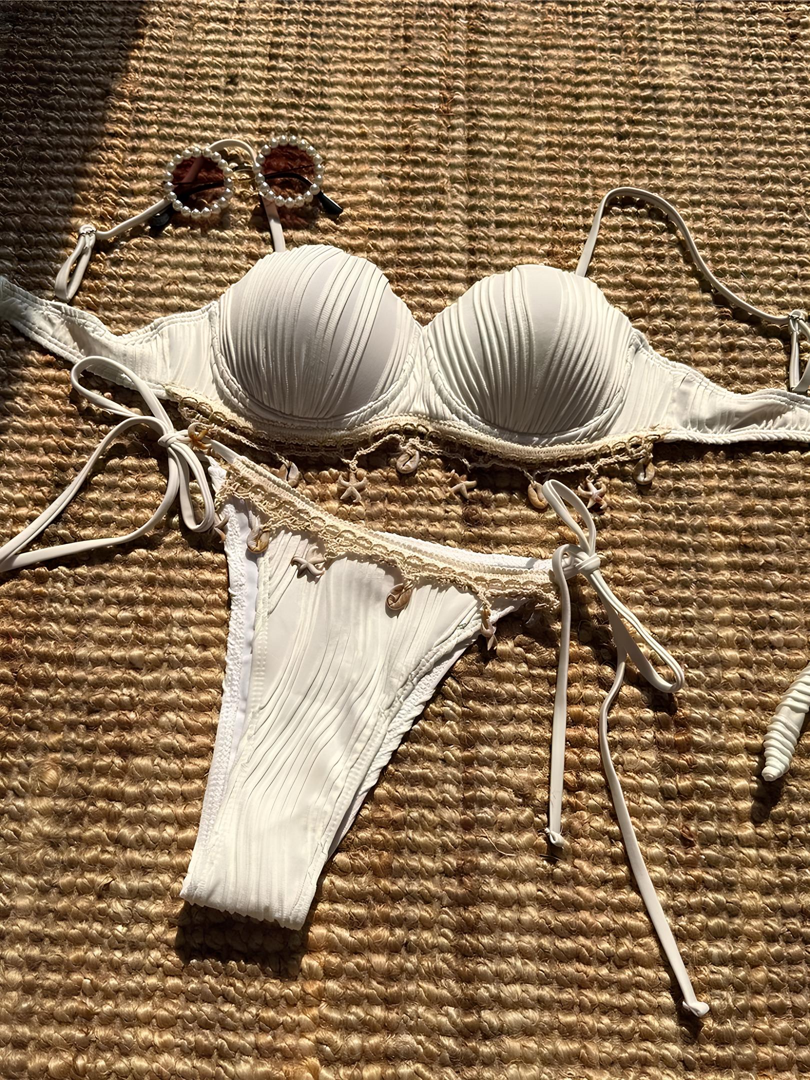 Textured Bikini With Padding And Fringe Details