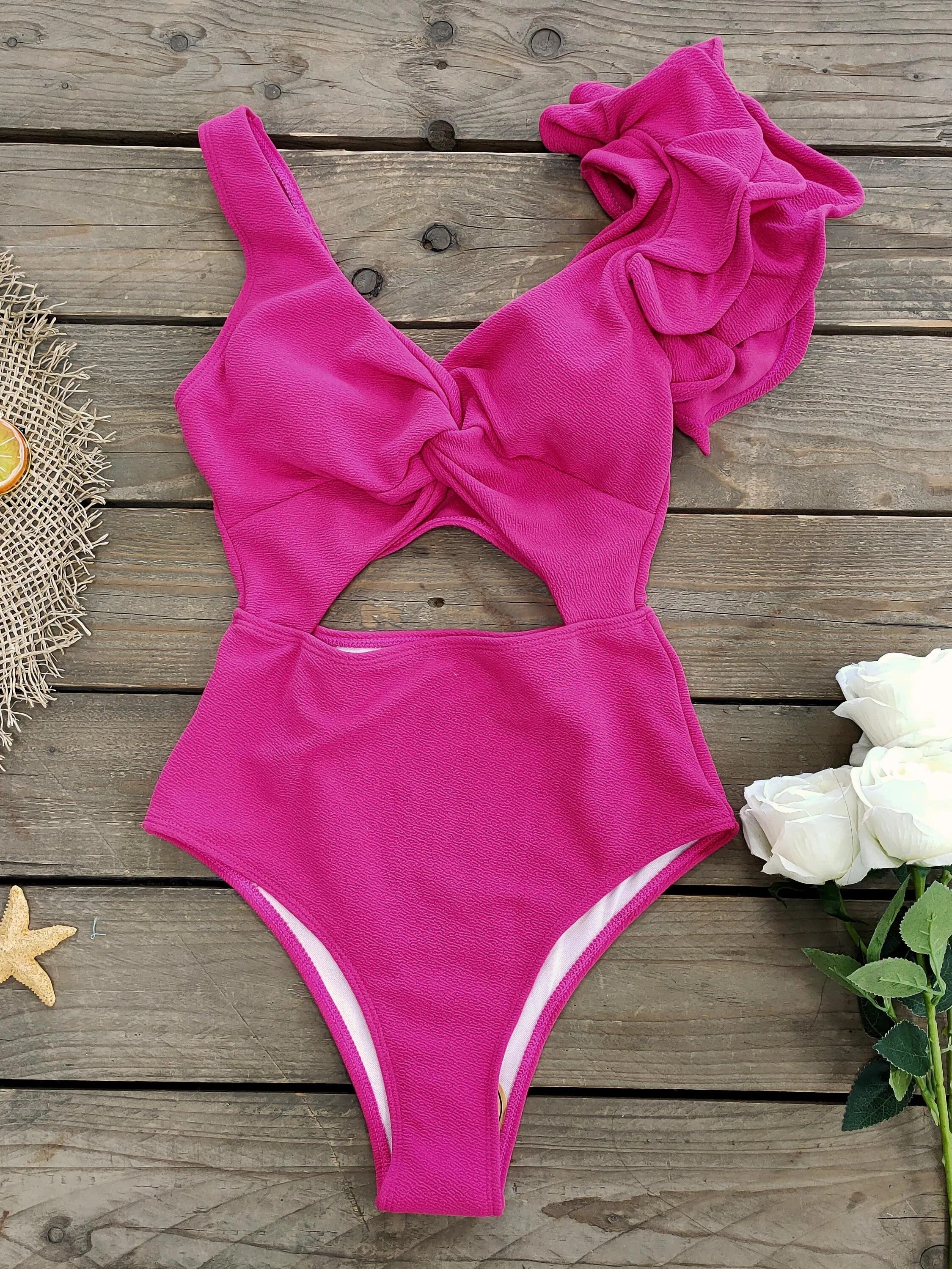 Swimsuit With Asymmetrical Cutouts And Structured Ruffle