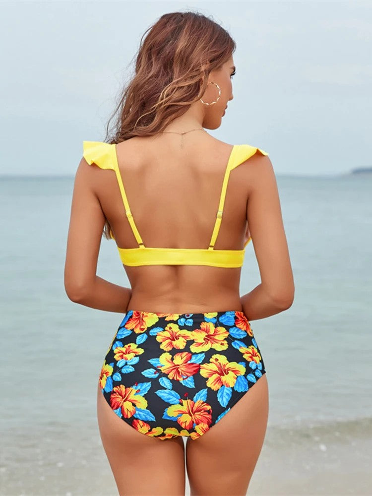 High-Waisted Printed Bikini With Ruffles And V-Neckline