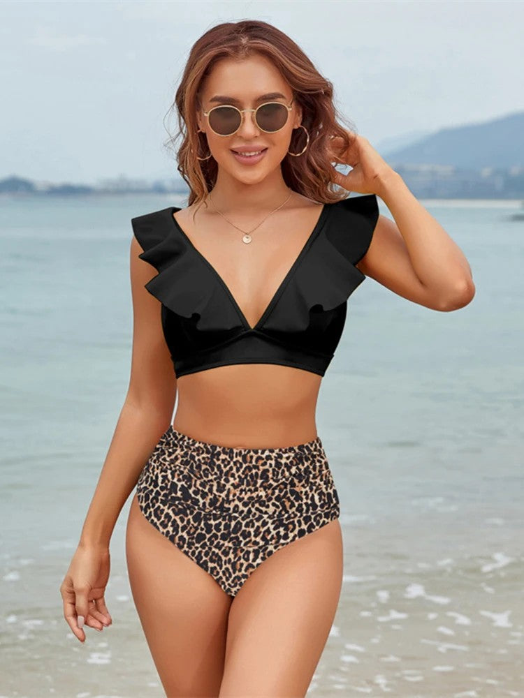 High-Waisted Printed Bikini With Ruffles And V-Neckline