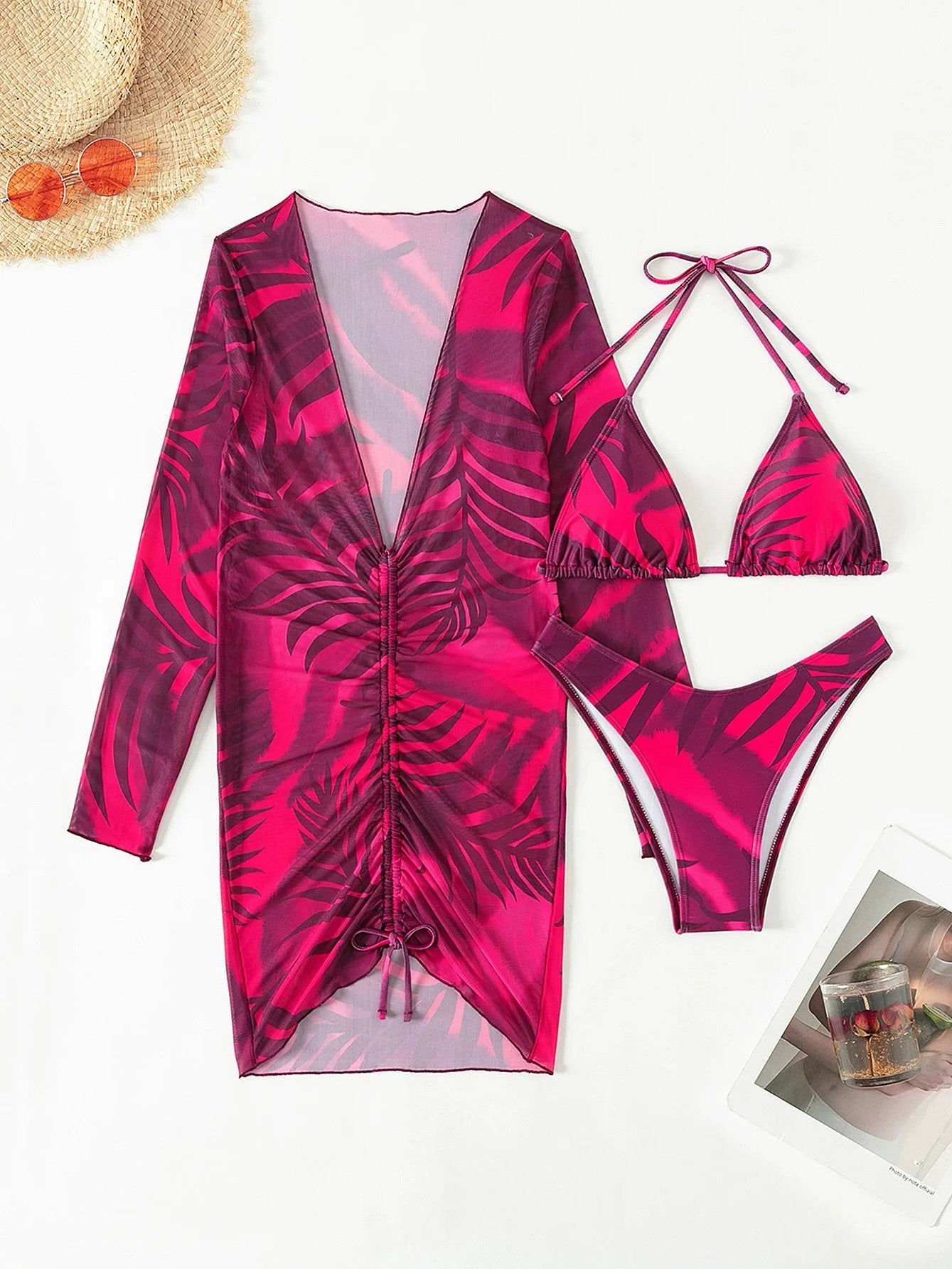 Bikini And Printed Long-Sleeve Cover-Up Set