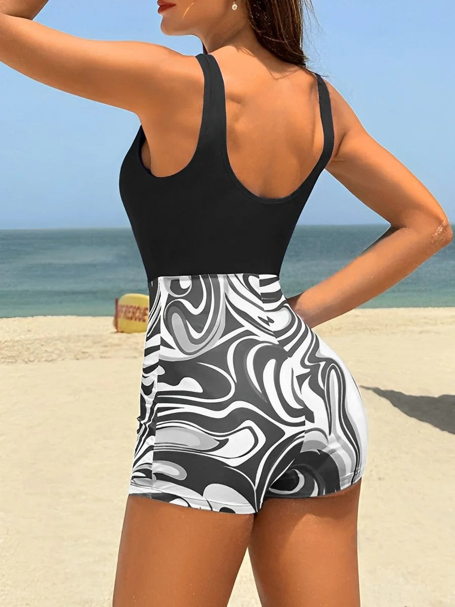 Sporty Swimsuit With Shorts And Modern Abstract Print
