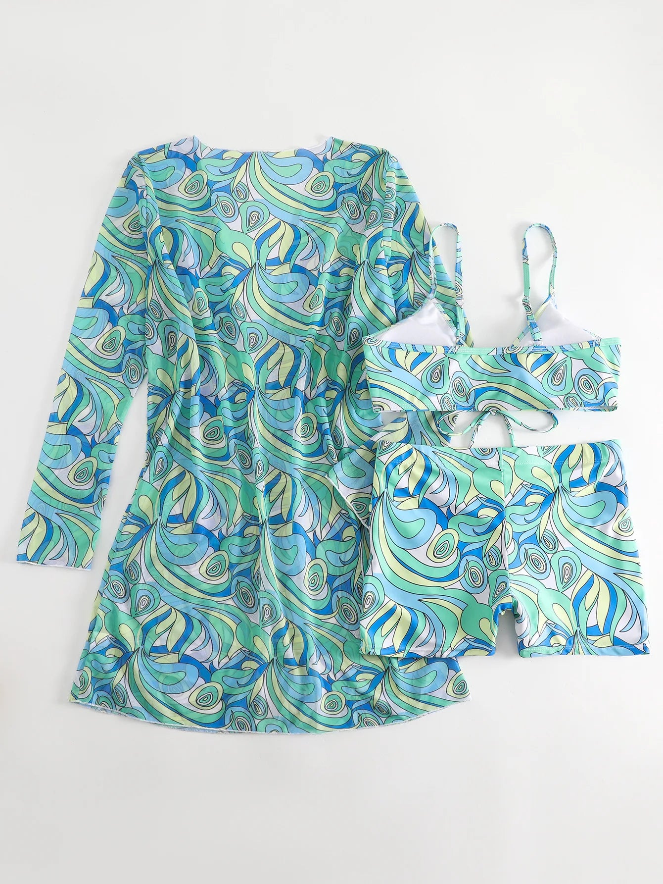 Bikini Set With Shorts And Printed Psychedelic Cover-Up