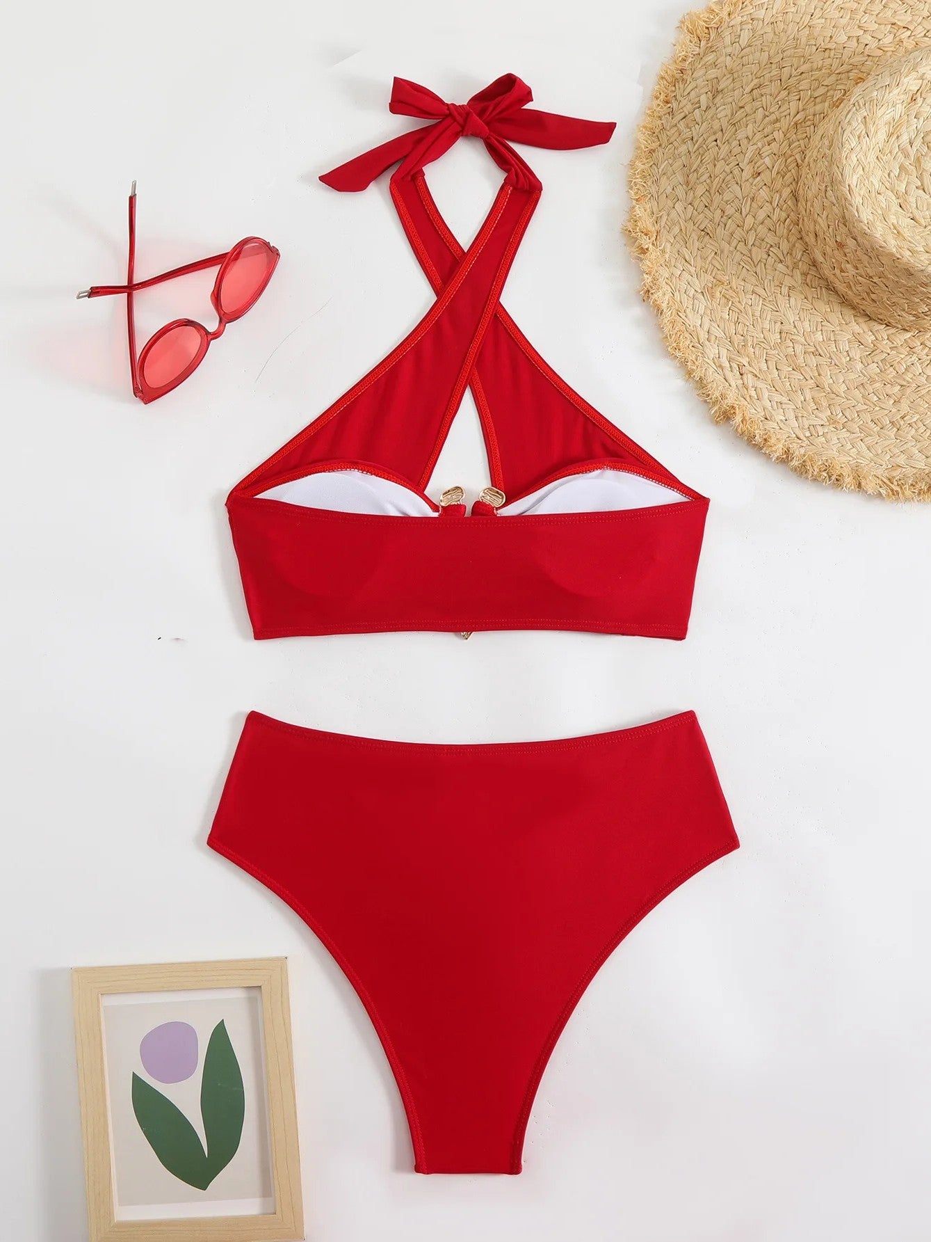 High-Waisted Bikini With Rings And Crossed Neckline