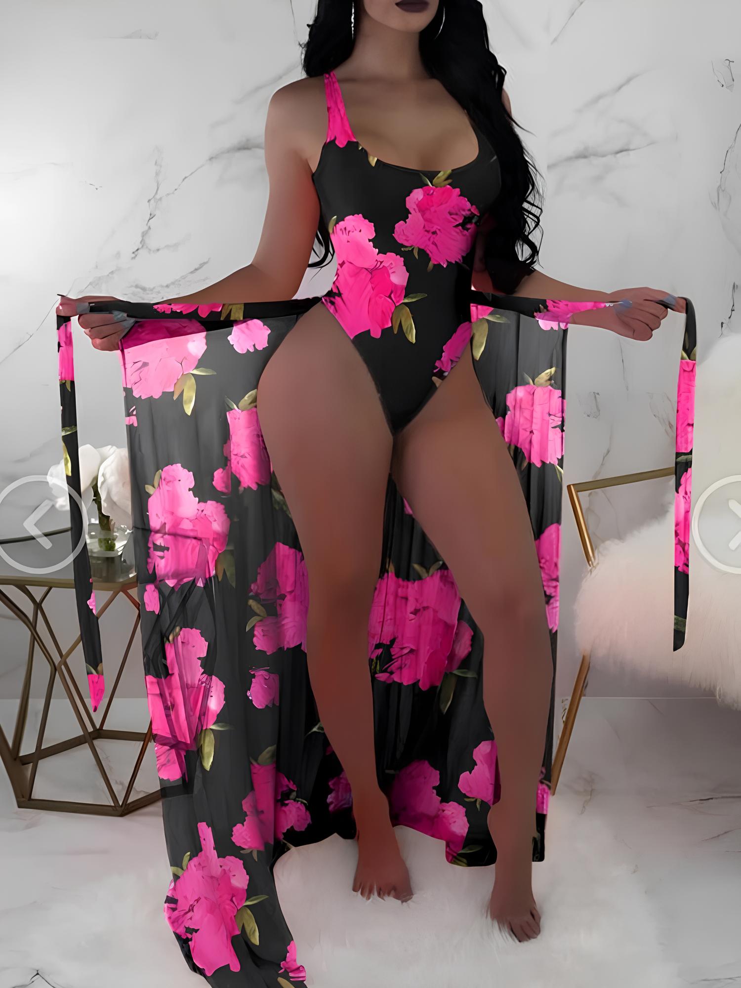 High-Cut Swimsuit Set With Long Printed Animal Print Cover-Up