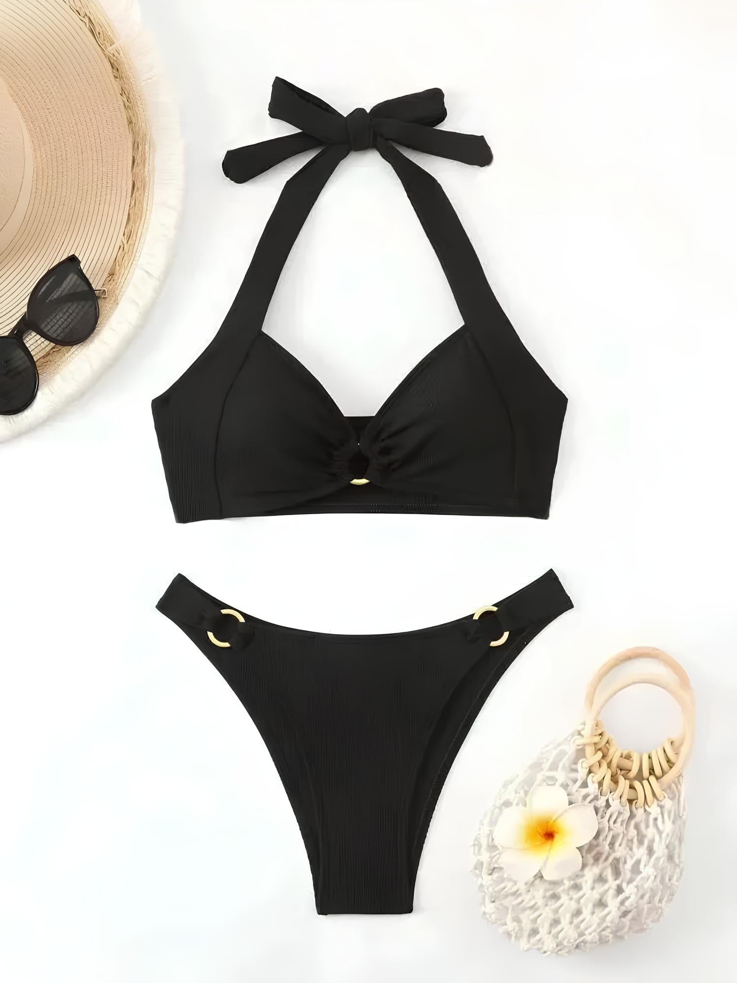 Textured Bikini With Rings And Halter Neckline