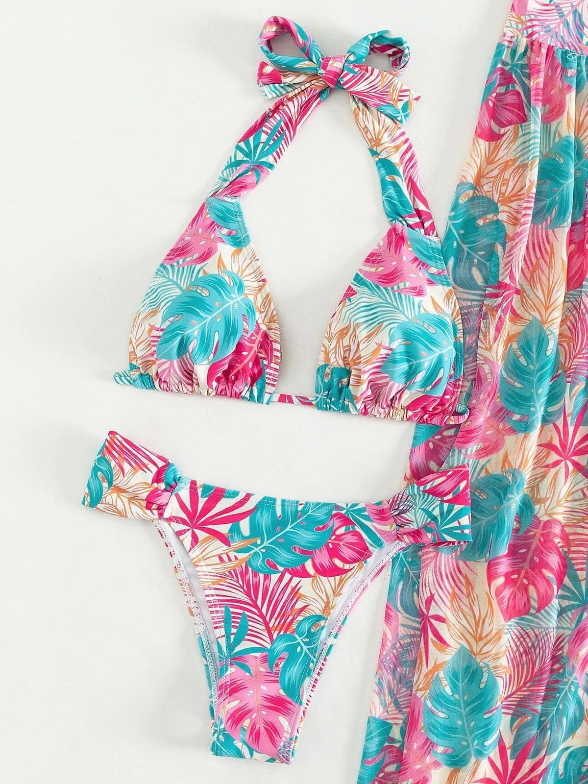 Bikini And Long Printed Tropical Cover-Up Set