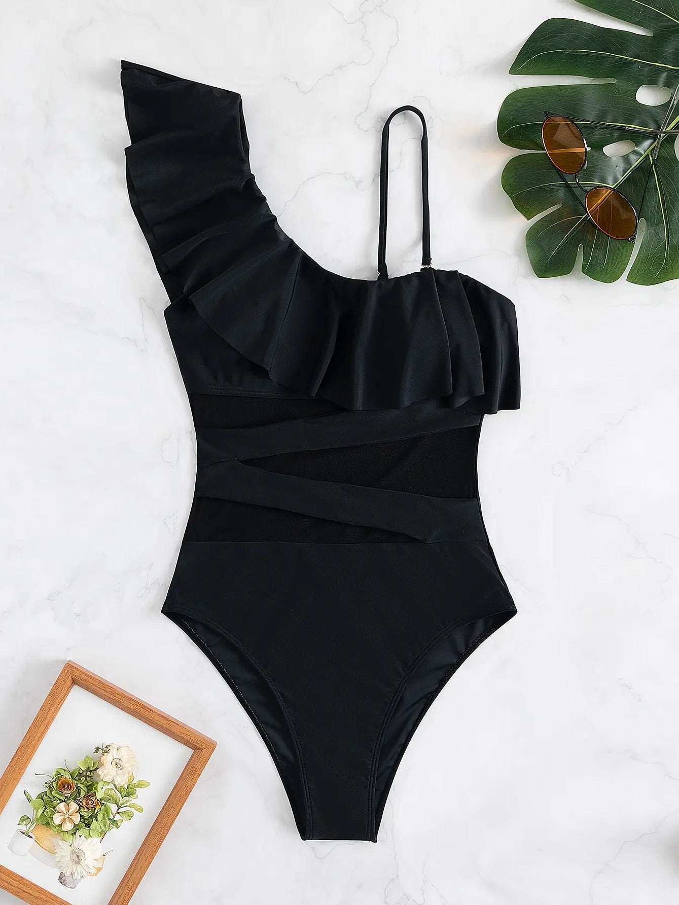 Asymmetrical Swimsuit With Ruffle Sheer Panels And Cutouts