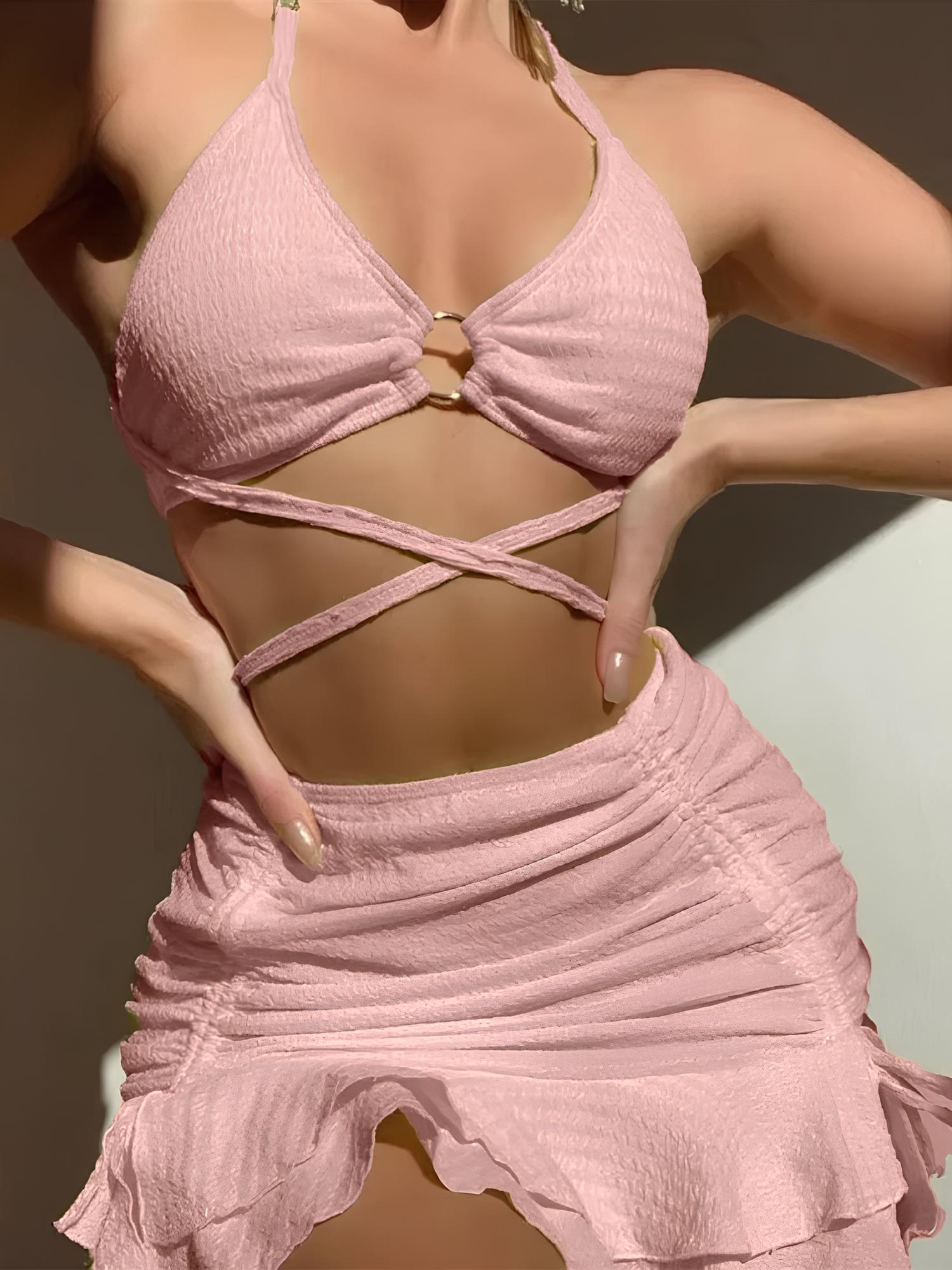 Textured Bikini Set With Ruffled Skirt And Tie