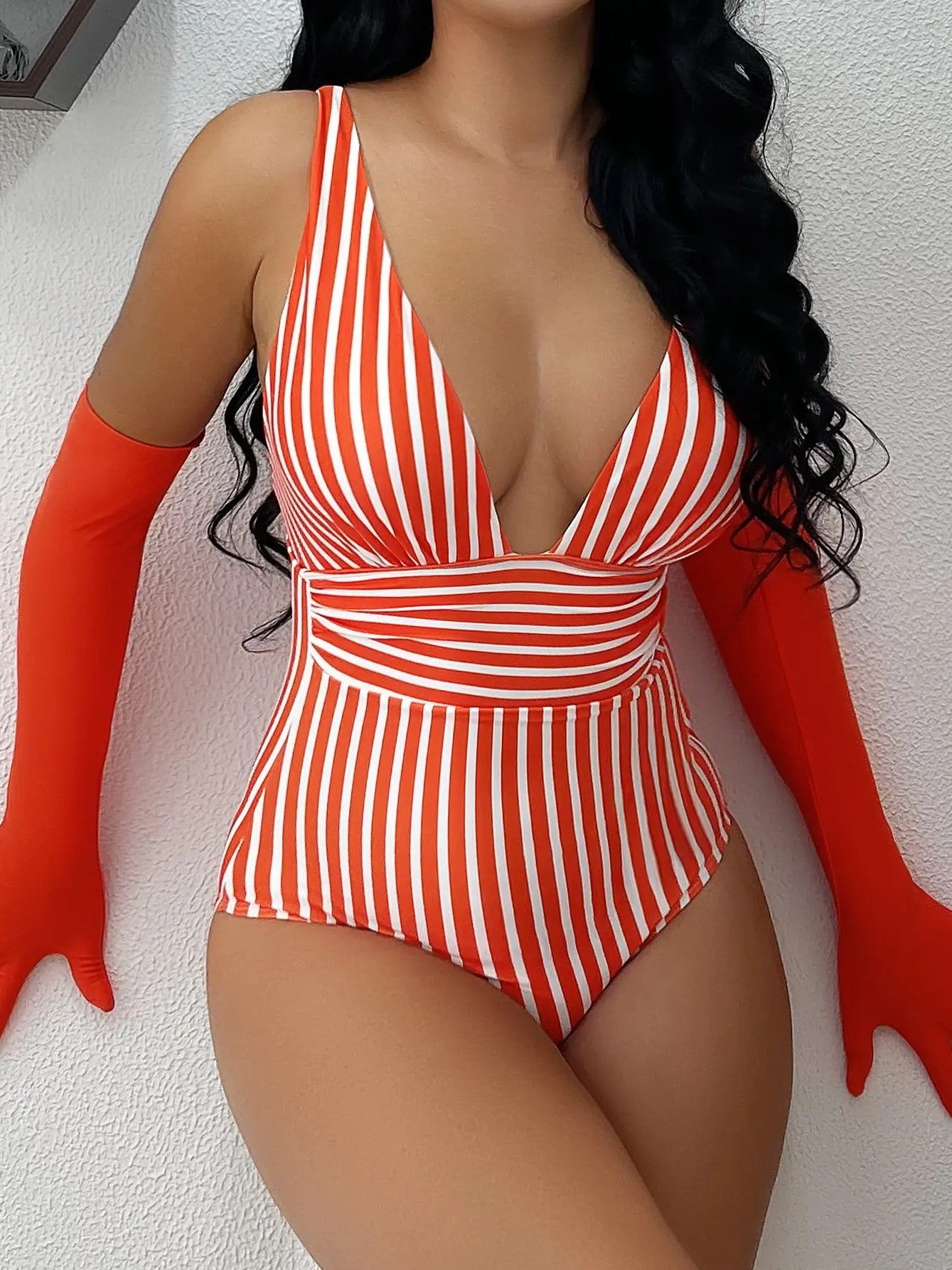 Striped Printed Swimsuit With V-Neckline And Defined Waist