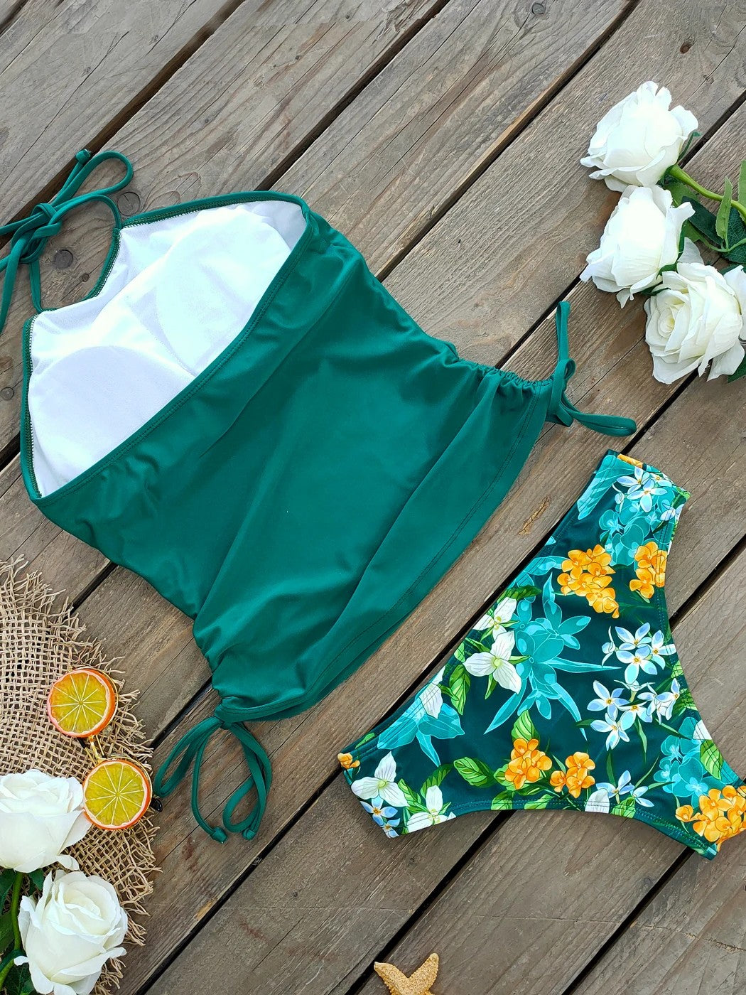 Printed Tankini With Halter Strap And Side Tie