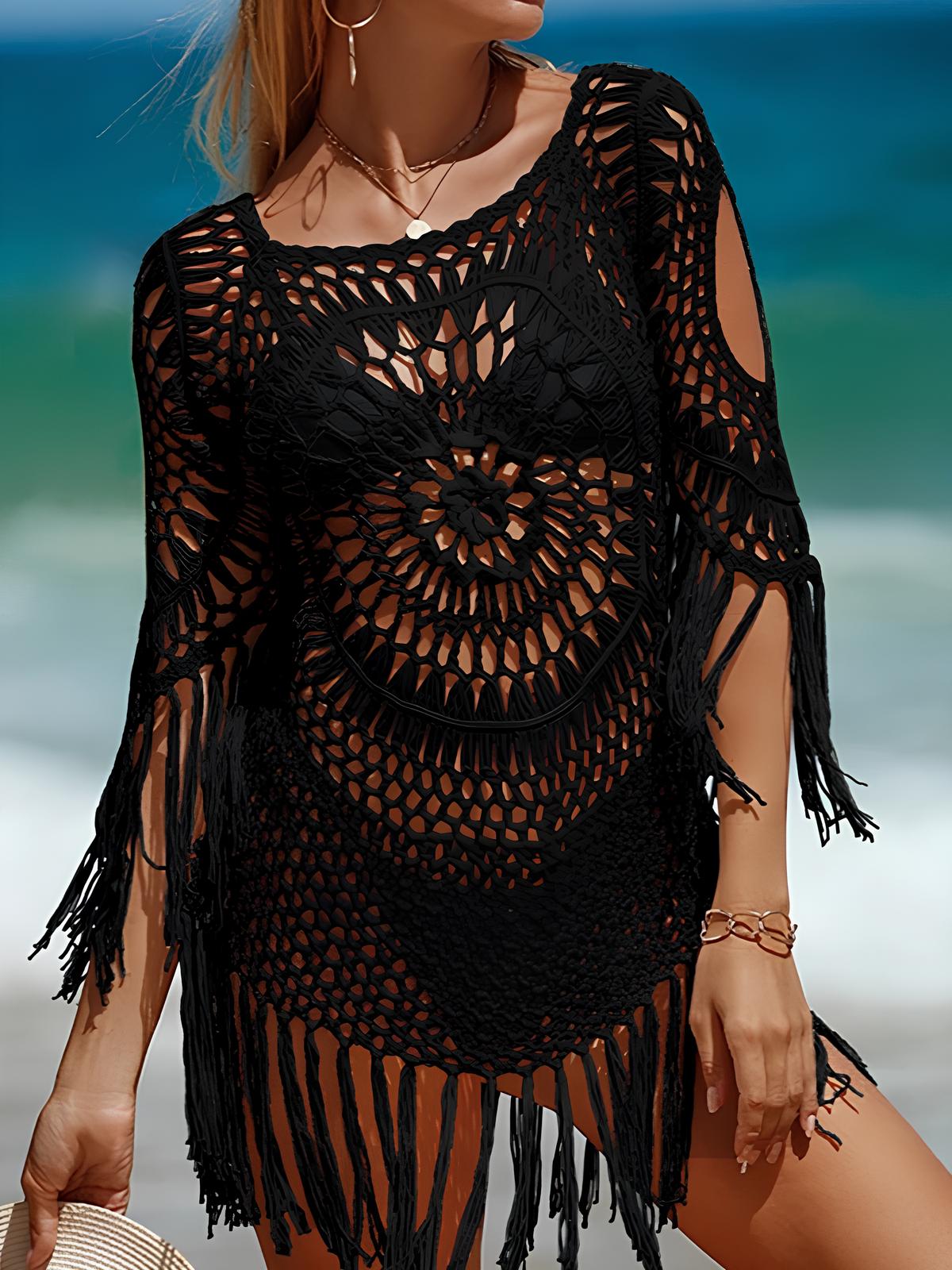 Crochet Cover-Up With Fringe And Open Sleeve Details