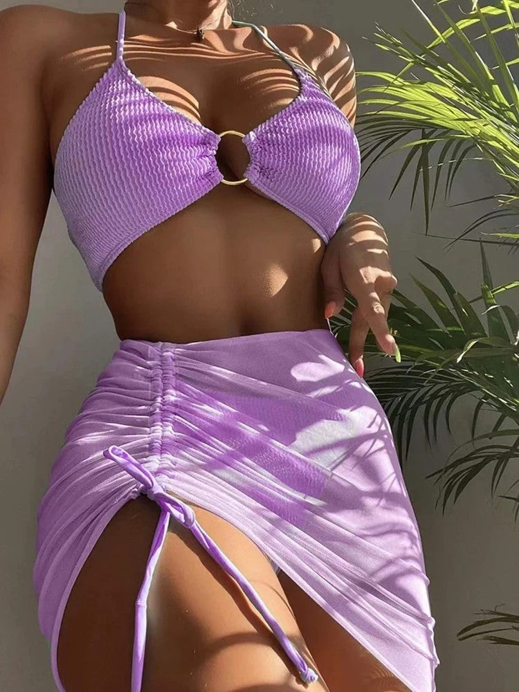 Textured Bikini Set With Adjustable Tulle Skirt