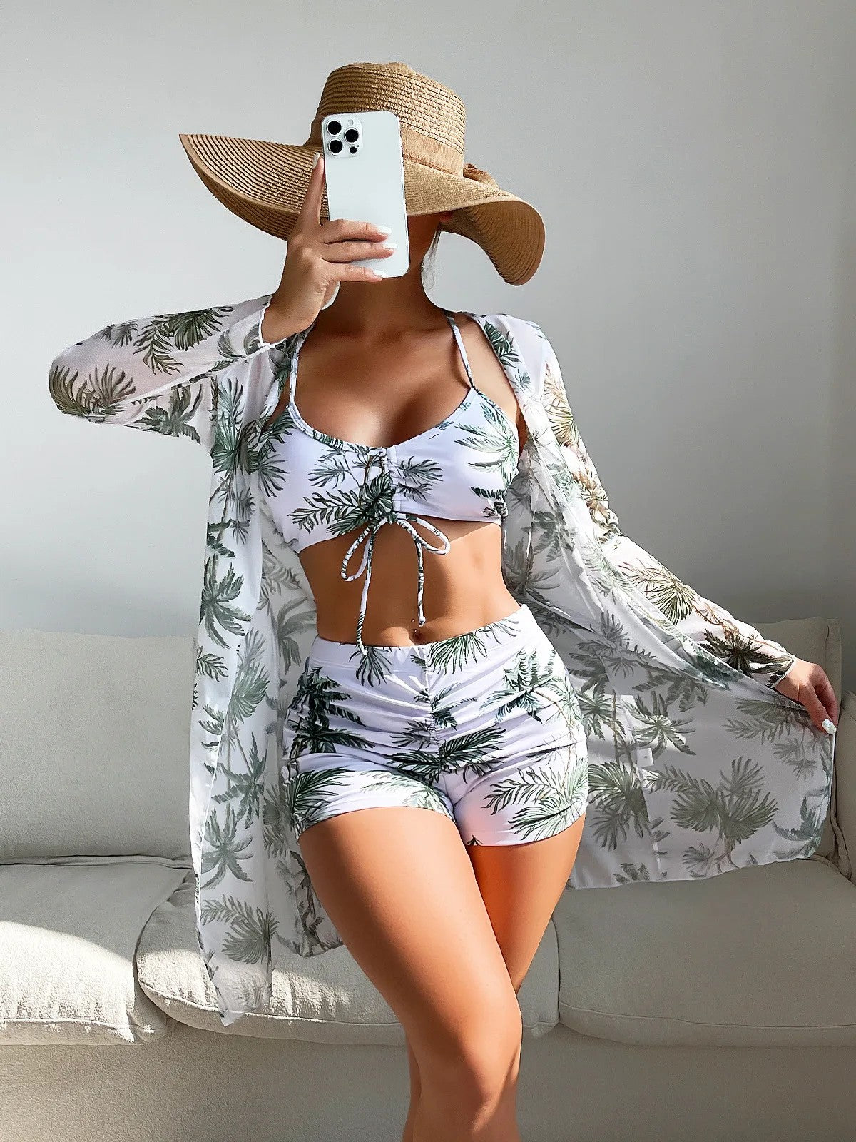 Bikini Set With Shorts And Tropical Print Cover-Up