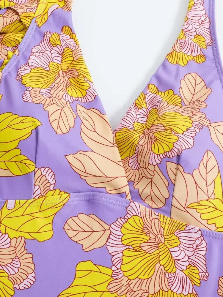 Floral Swimsuit And Asymmetrical Cover-Up With Slit Set