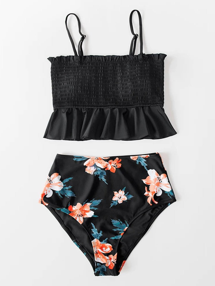 High-Waisted Tankini With Ruffle And Smocked Top