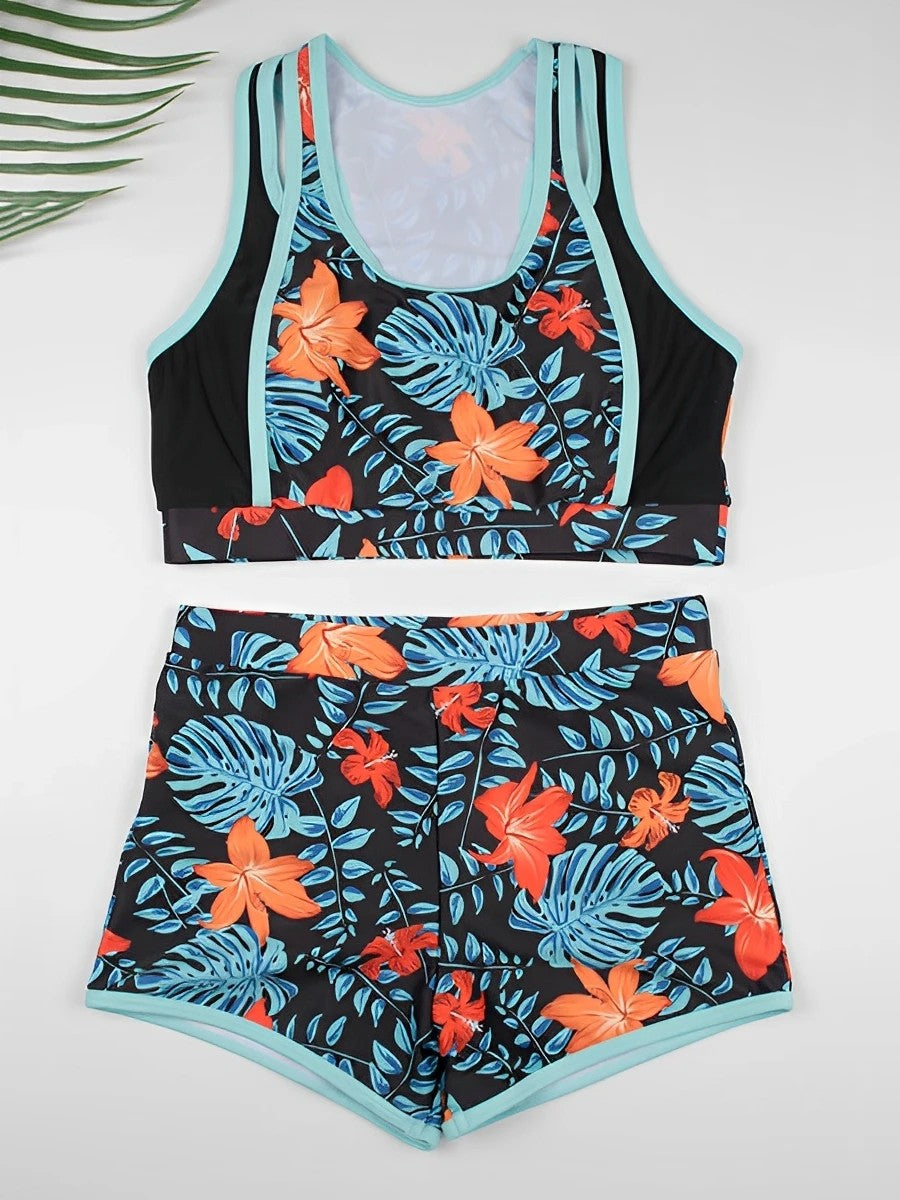 Printed Shorts Bikini With Cropped Top And Contrasting Detail