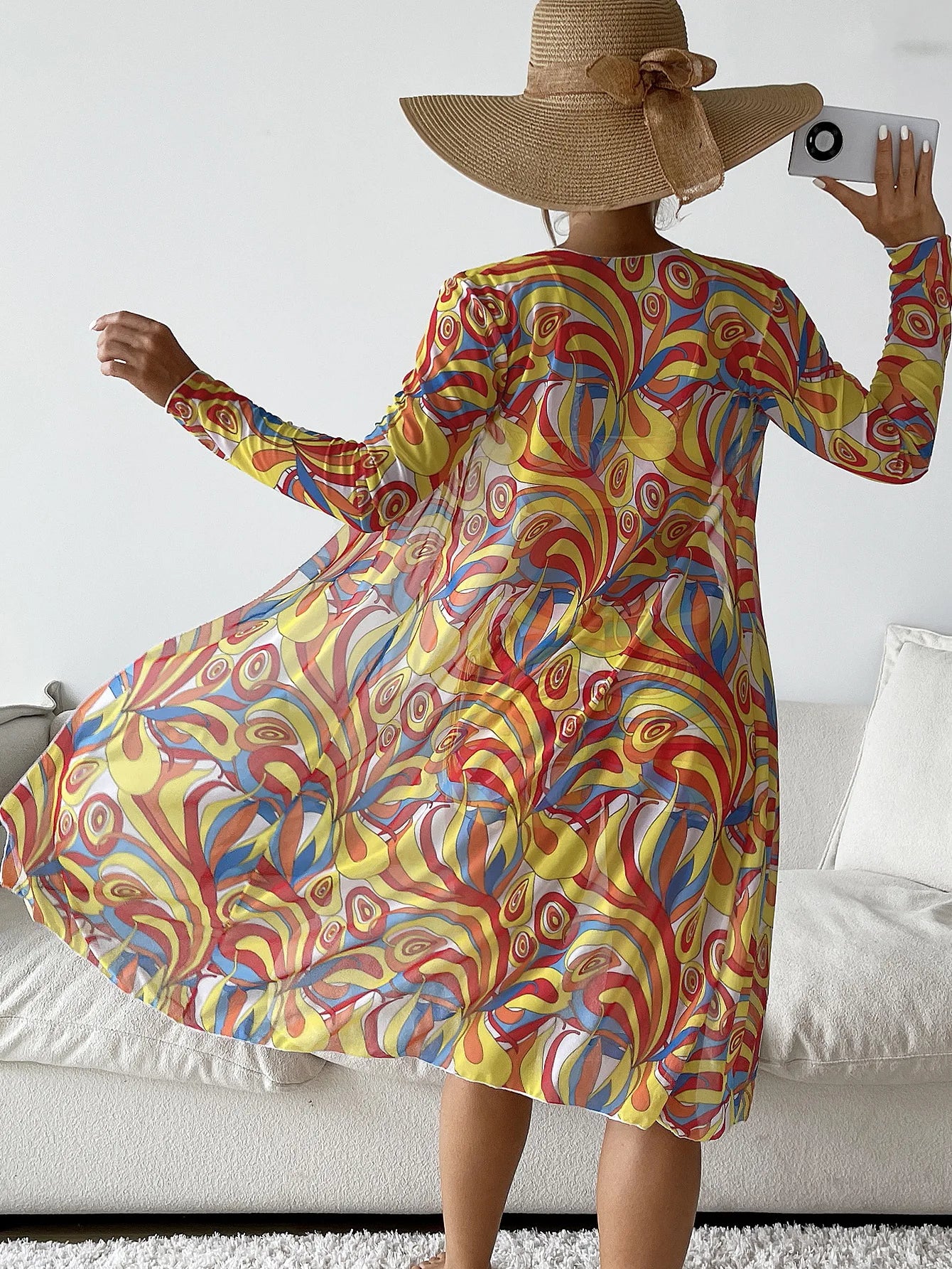 Bikini Set With Shorts And Printed Psychedelic Cover-Up