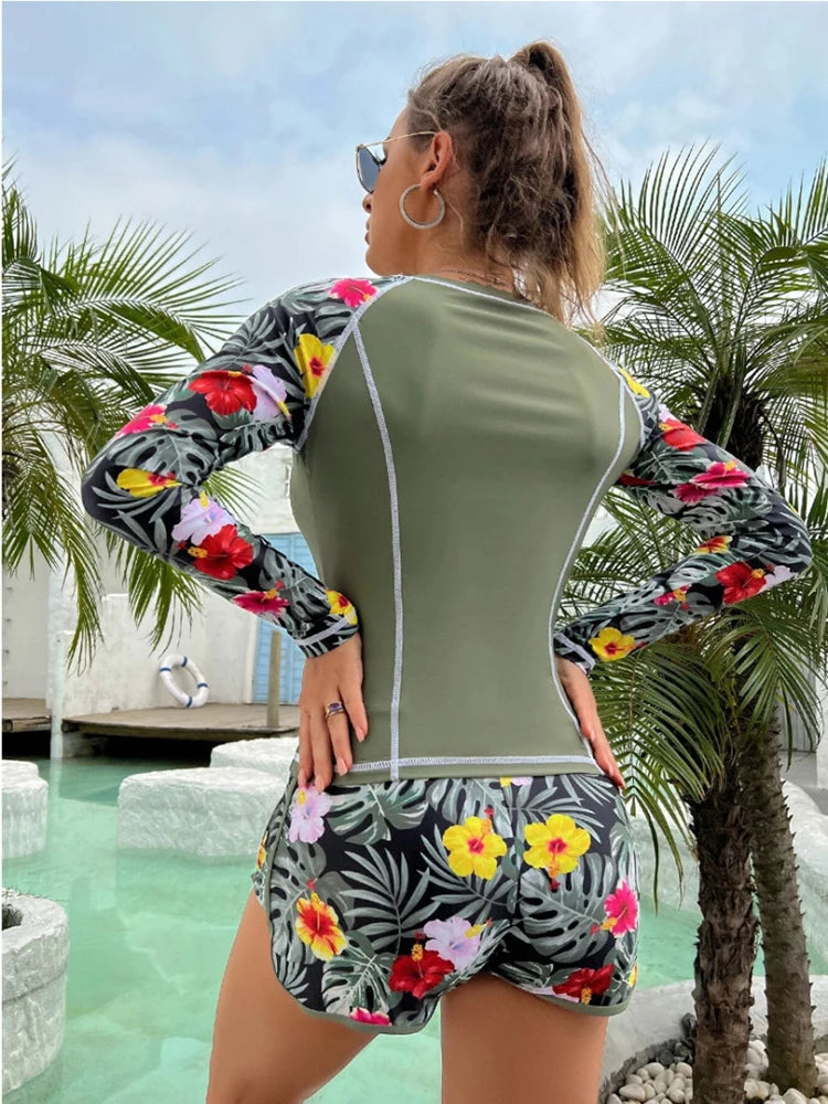 Long-Sleeve Printed Tankini With Adjustable Shorts