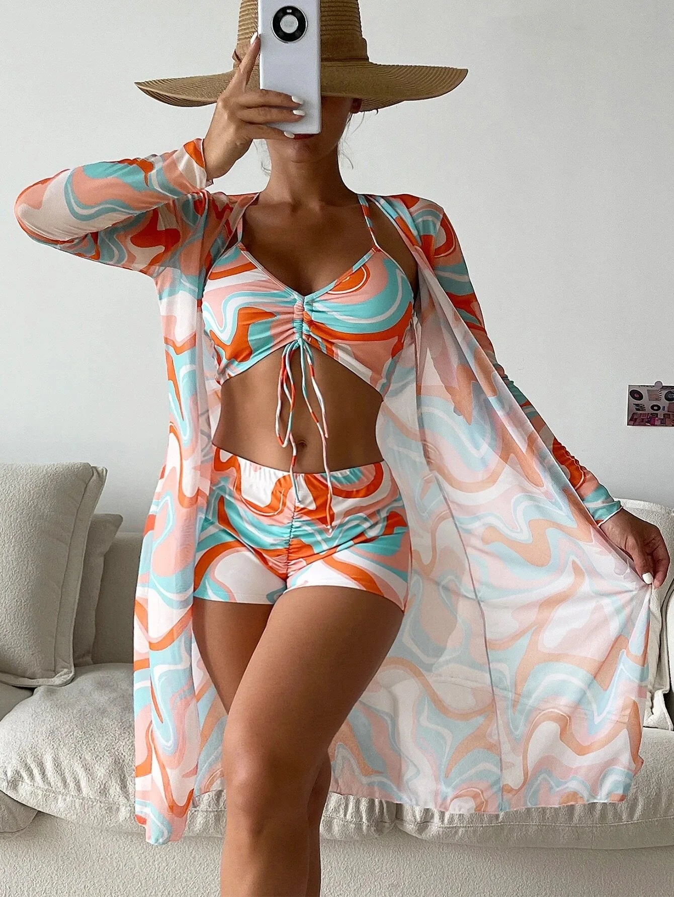 Bikini Set With Shorts And Printed Psychedelic Cover-Up