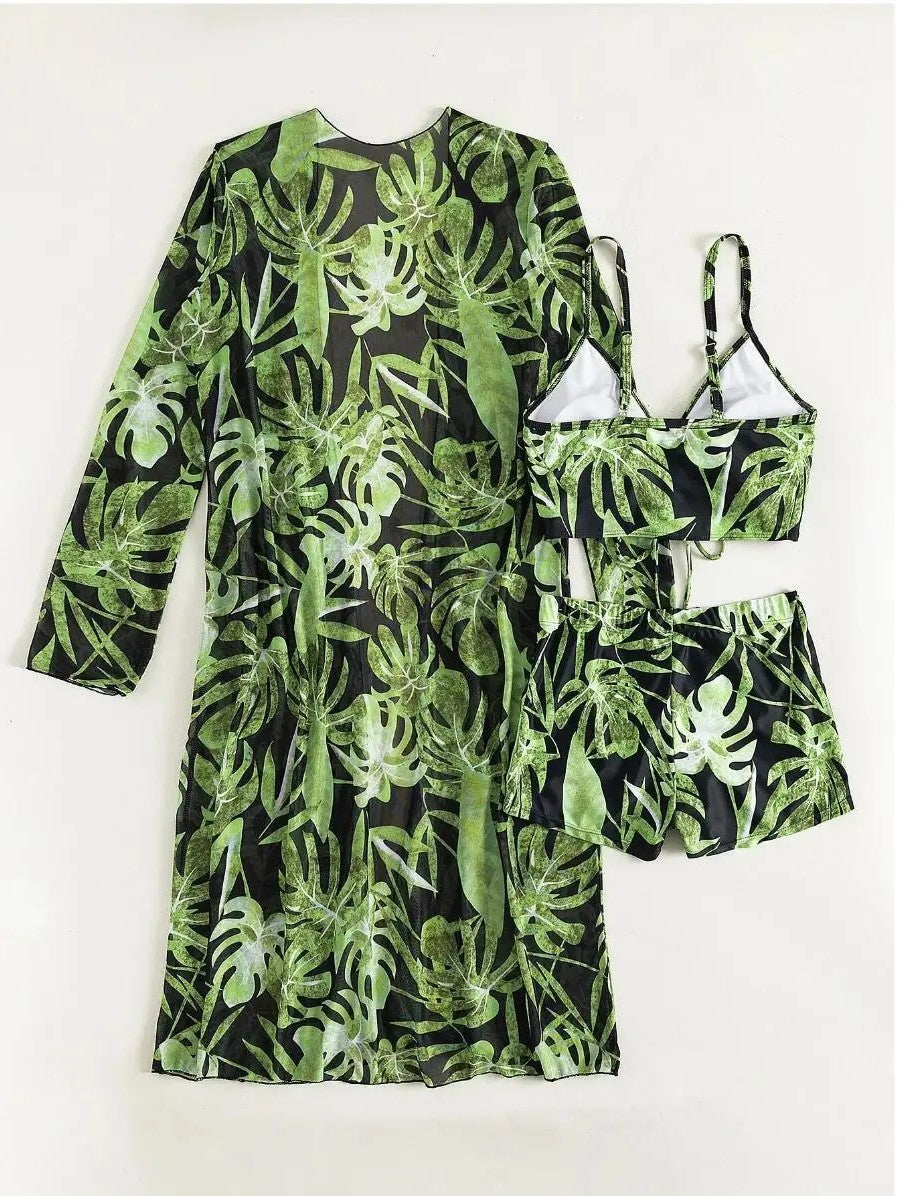 Bikini Set With Shorts And Tropical Print Cover-Up