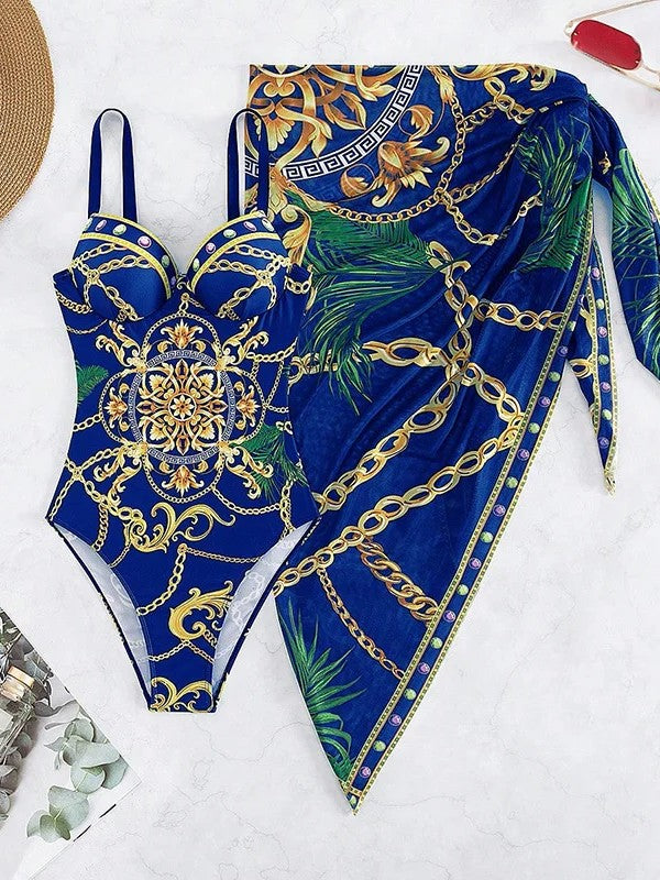 Structured Swimsuit And Printed Luxury Cover-Up Set